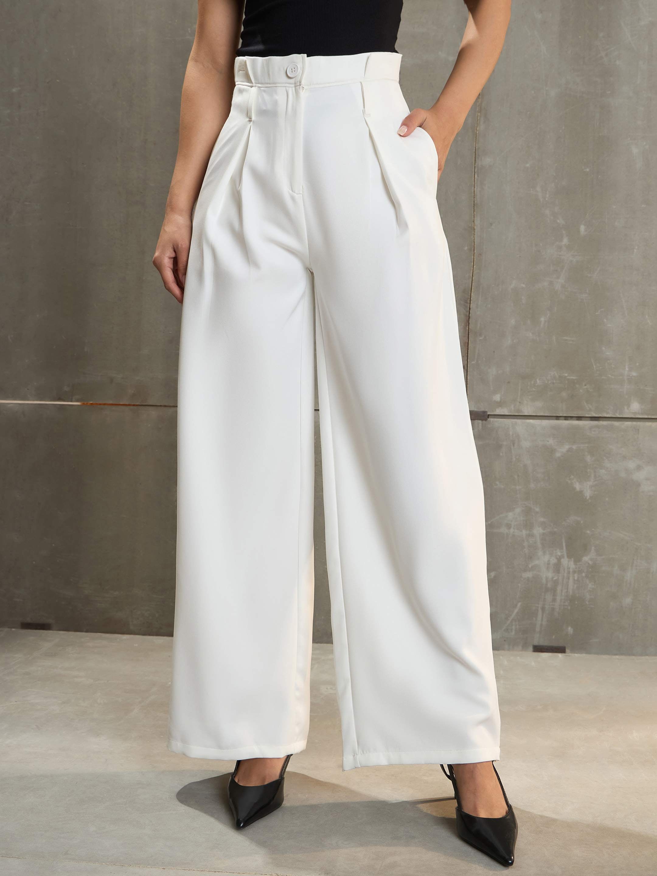 Women's White Front Pleated High Rise Pants-SASSAFRAS