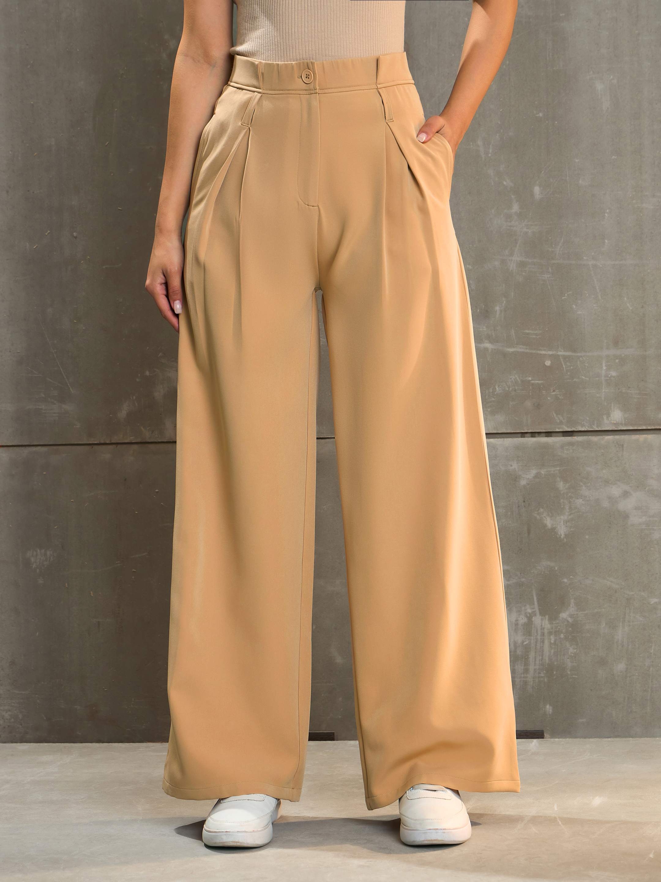 Women's Beige Front Pleated High Rise Pants-SASSAFRAS