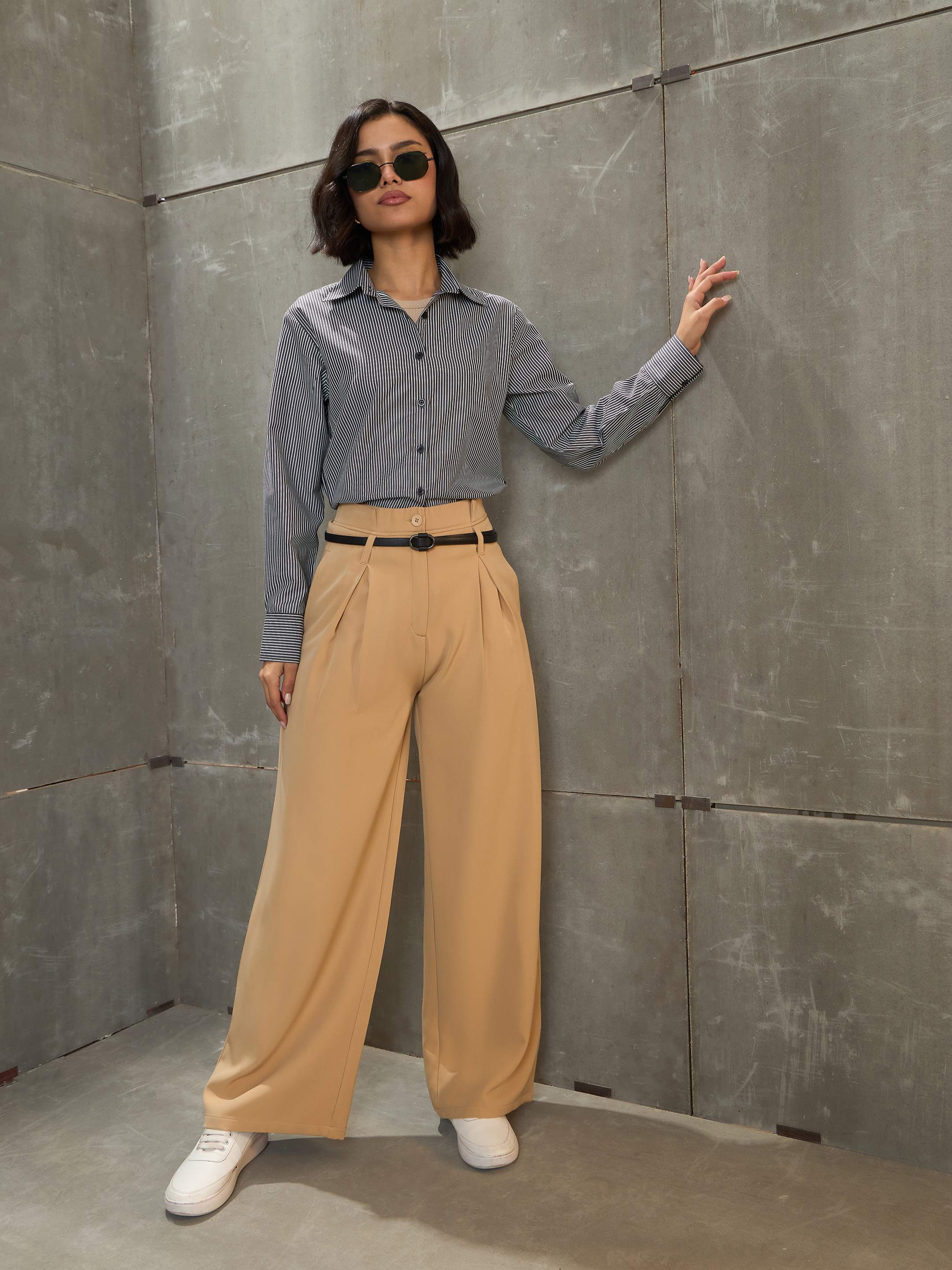 Women's Beige Front Pleated High Rise Pants-SASSAFRAS