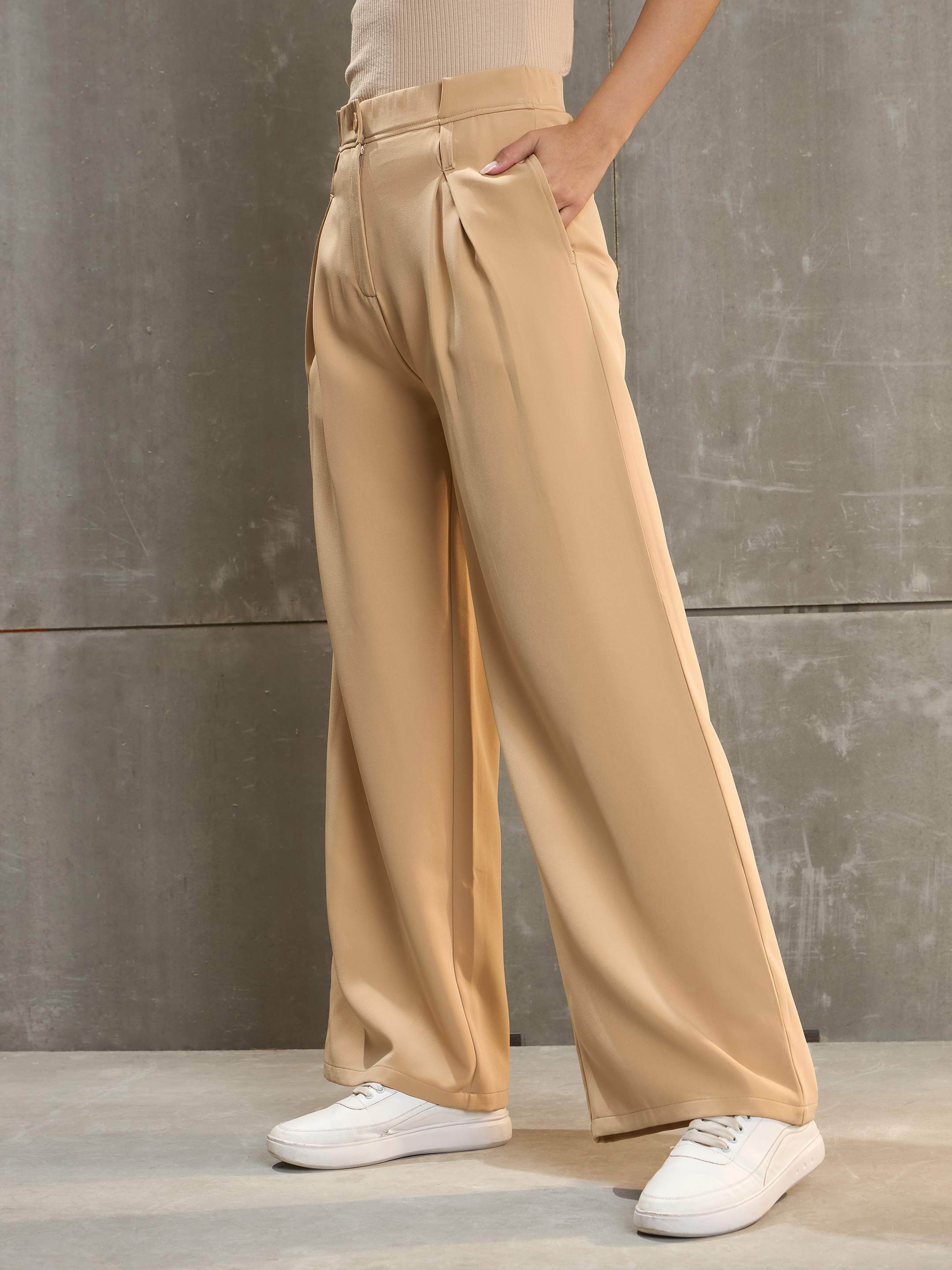 Women's Beige Front Pleated High Rise Pants-SASSAFRAS