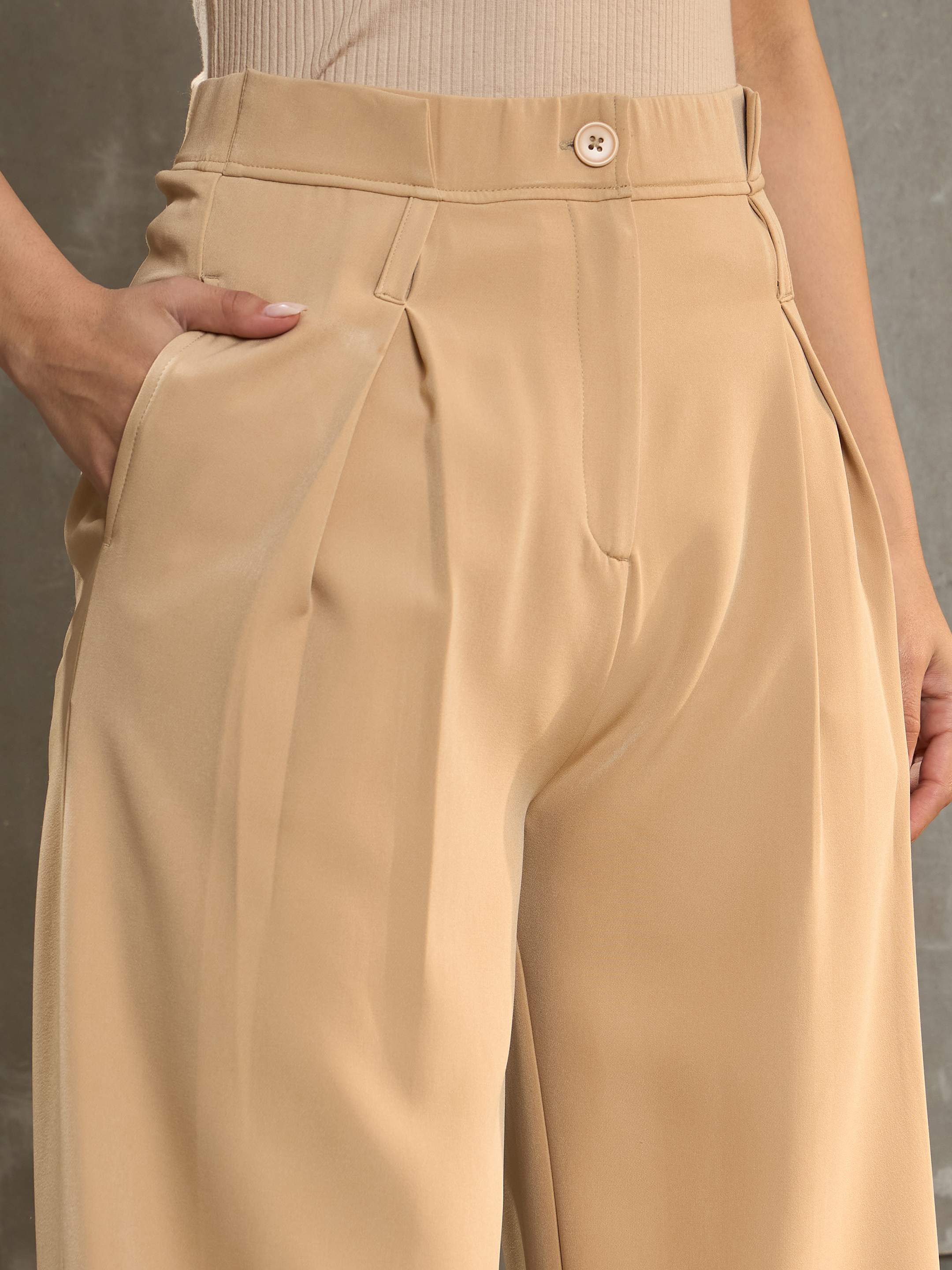 Women's Beige Front Pleated High Rise Pants-SASSAFRAS