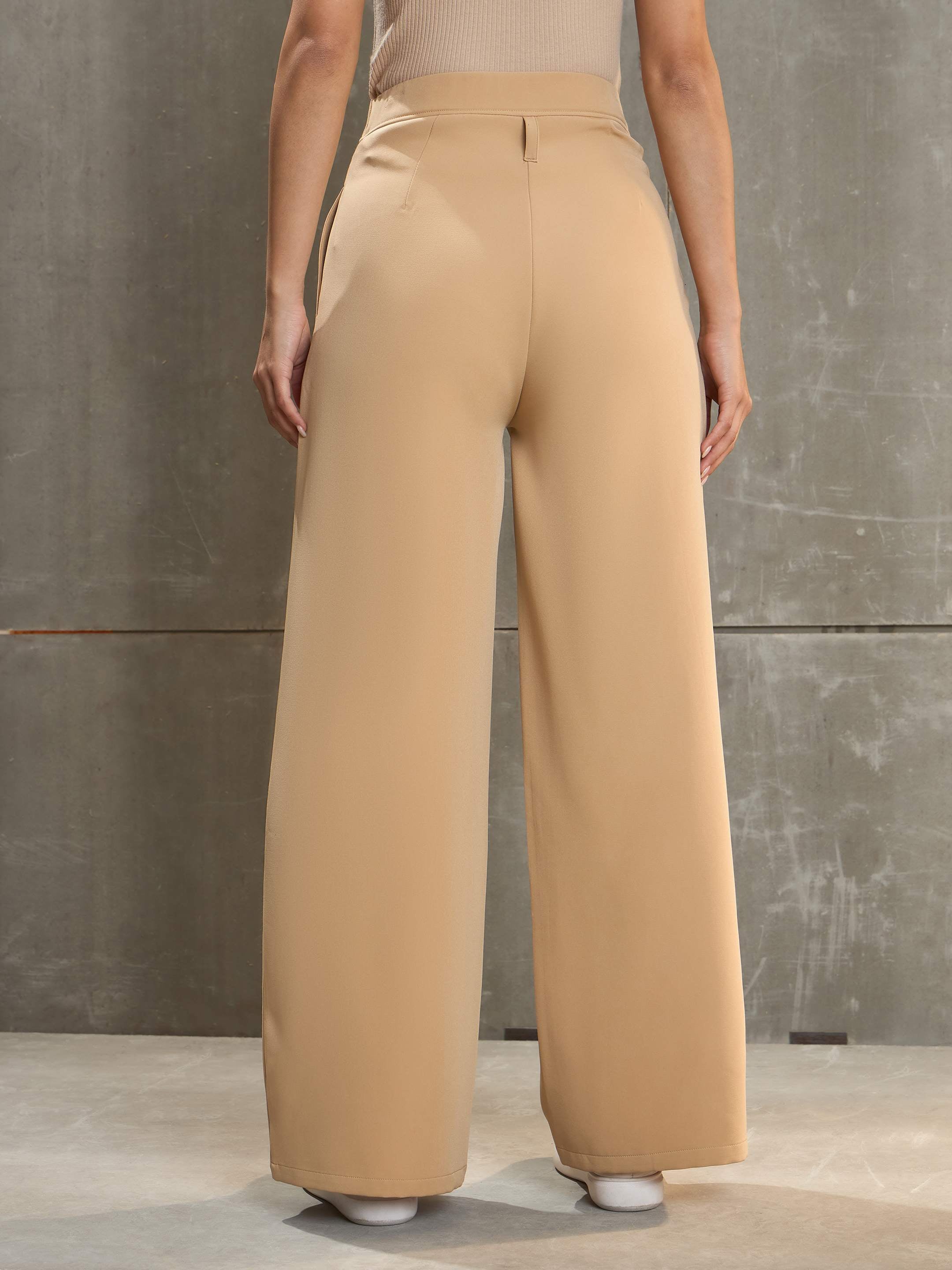 Women's Beige Front Pleated High Rise Pants-SASSAFRAS