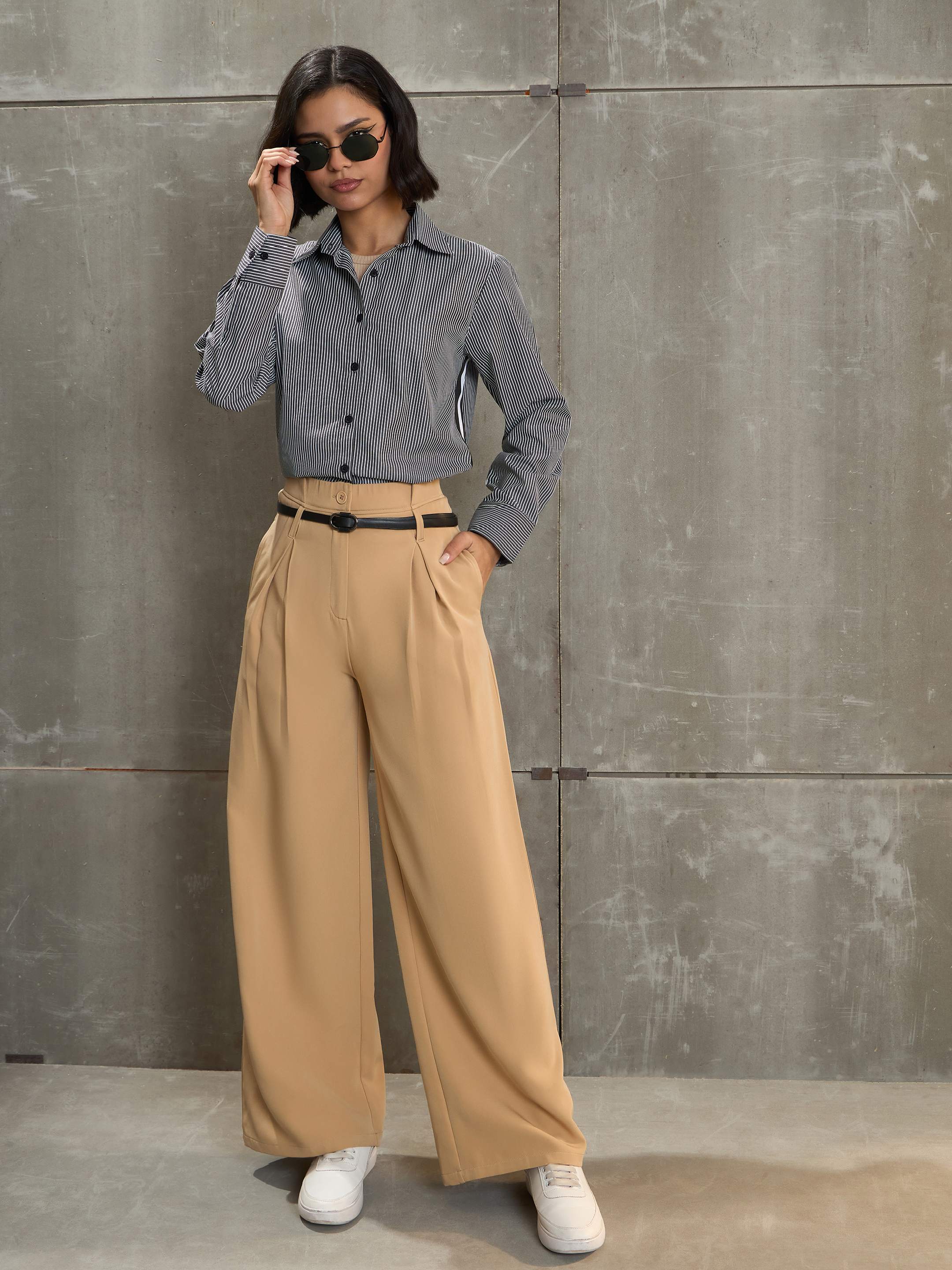 Women's Beige Front Pleated High Rise Pants-SASSAFRAS