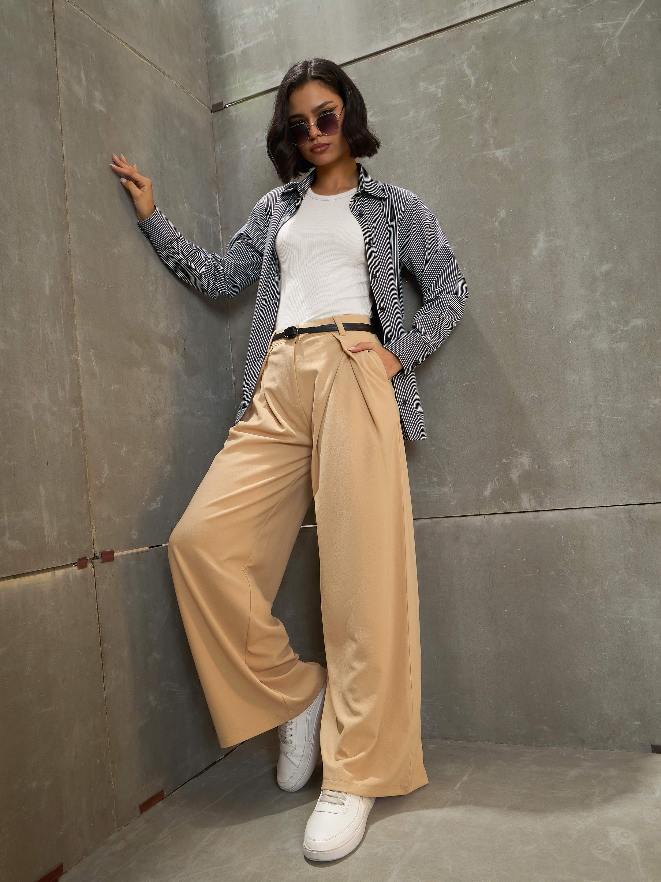 Women's Beige Front Wrap Pleated Wide Leg Pants-SASSAFRAS