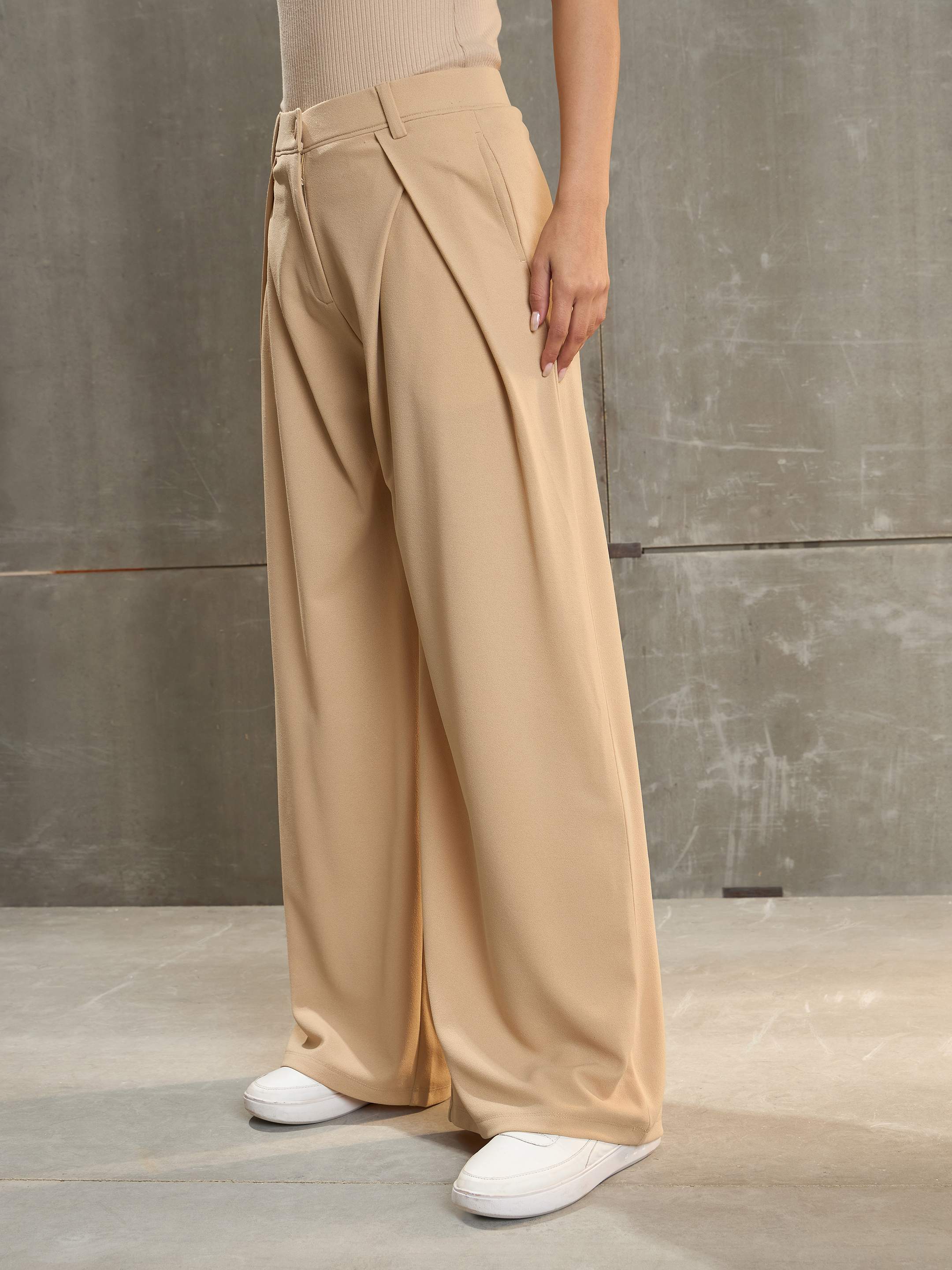 Women's Beige Front Wrap Pleated Wide Leg Pants-SASSAFRAS