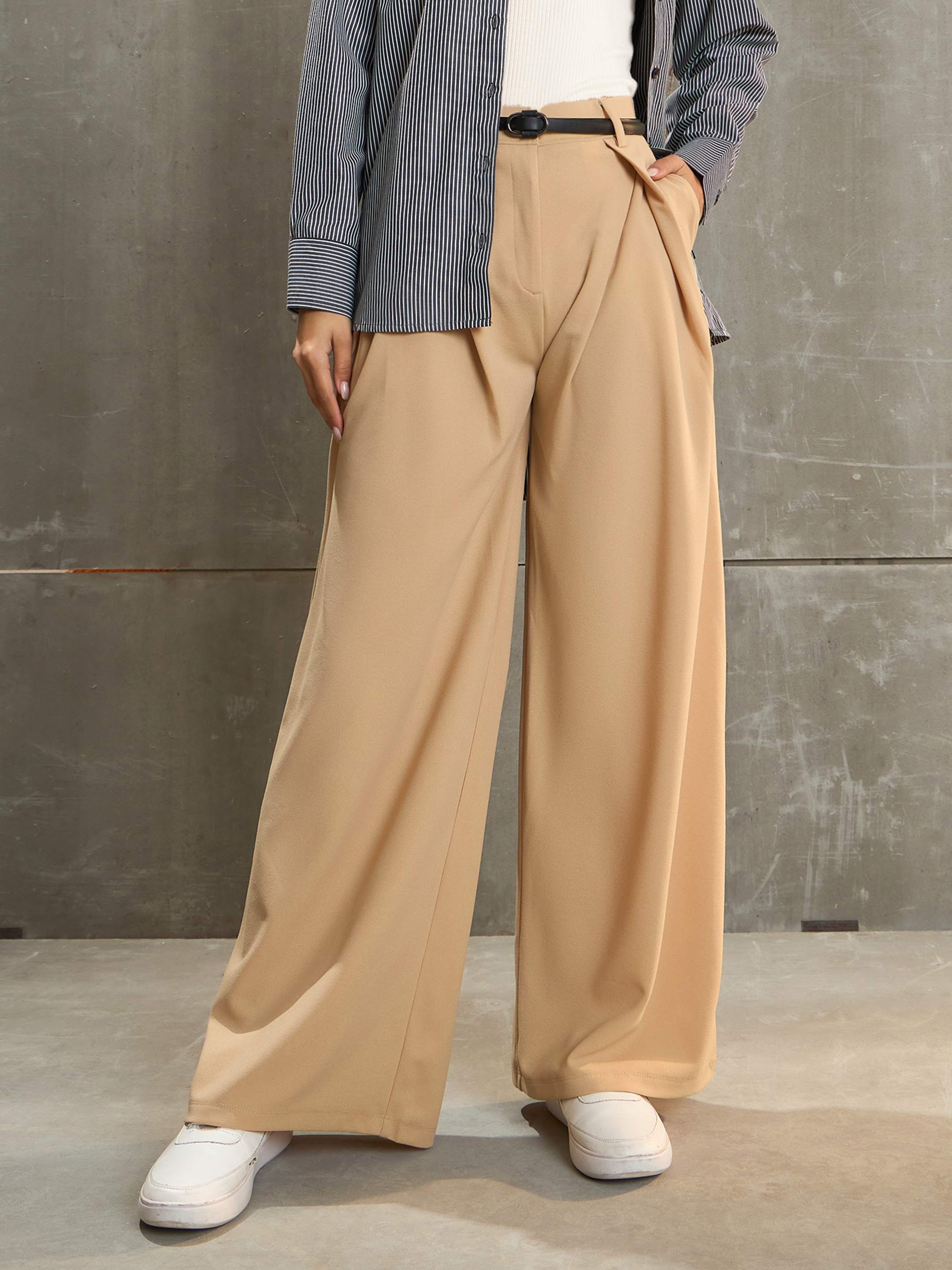 Women's Beige Front Wrap Pleated Wide Leg Pants-SASSAFRAS