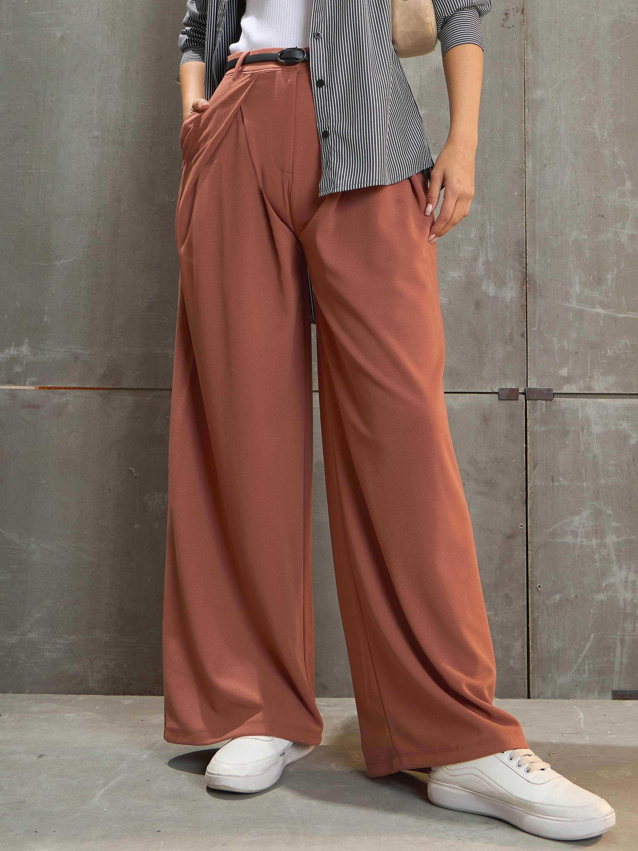 Women's Rust Front Wrap Pleated Wide Leg Pants-SASSAFRAS