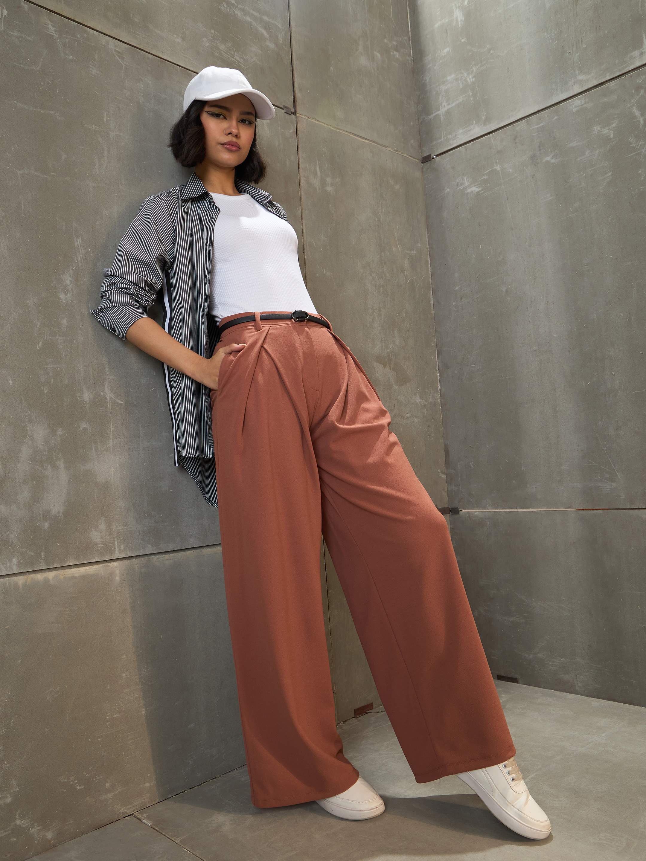 Women's Rust Front Wrap Pleated Wide Leg Pants-SASSAFRAS