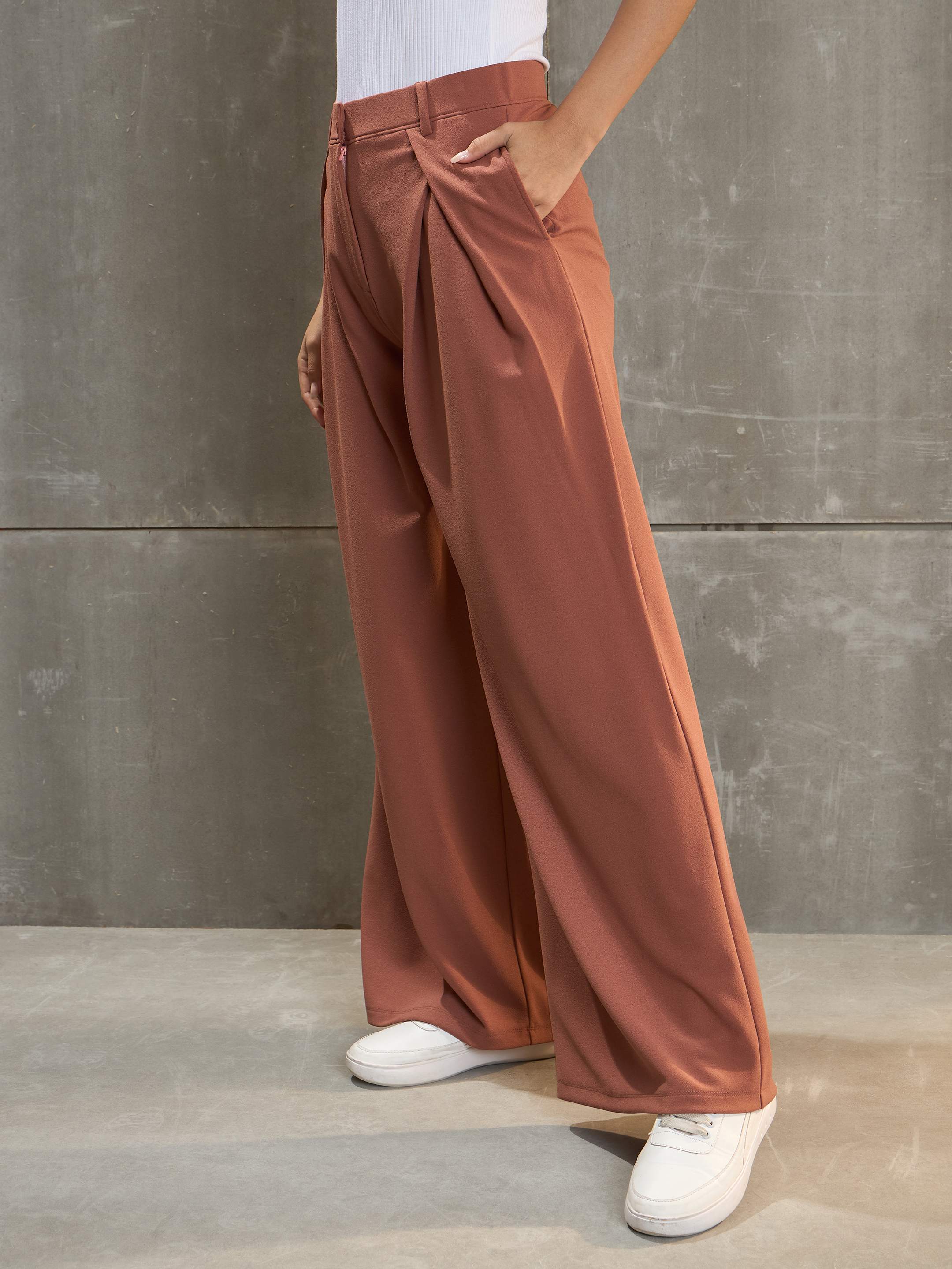 Women's Rust Front Wrap Pleated Wide Leg Pants-SASSAFRAS