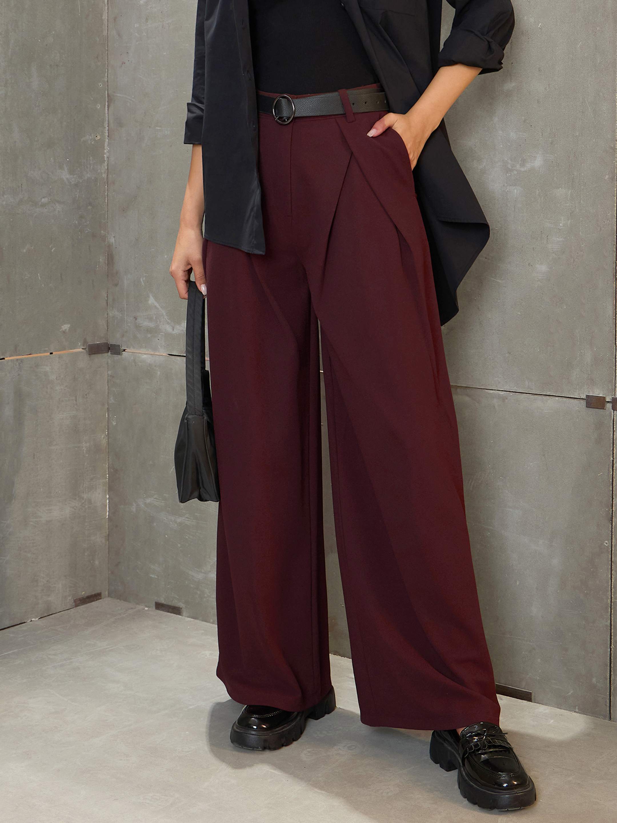 Women's Brown Front Wrap Pleated Wide Leg Pants-SASSAFRAS