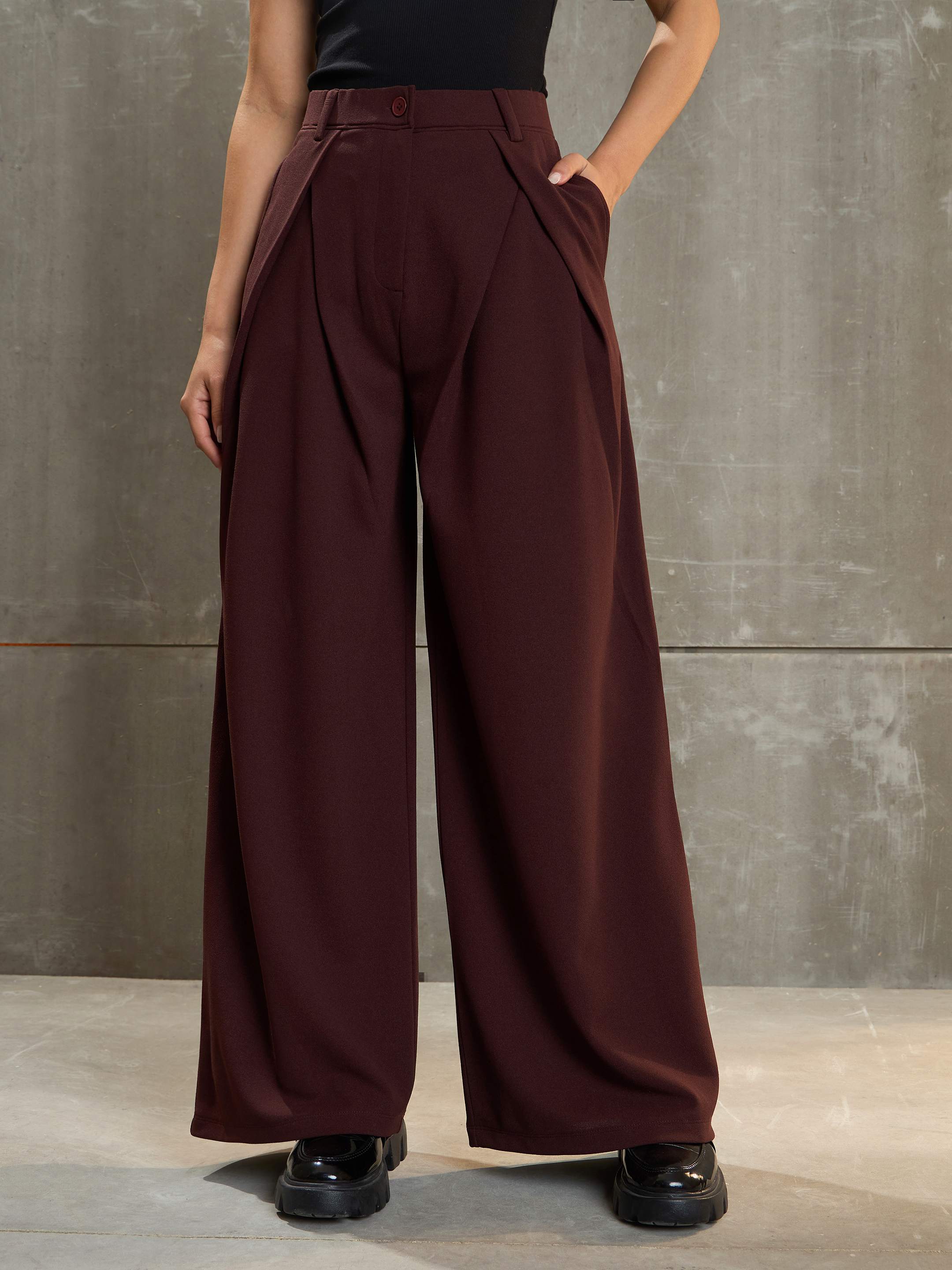 Women's Brown Front Wrap Pleated Wide Leg Pants-SASSAFRAS