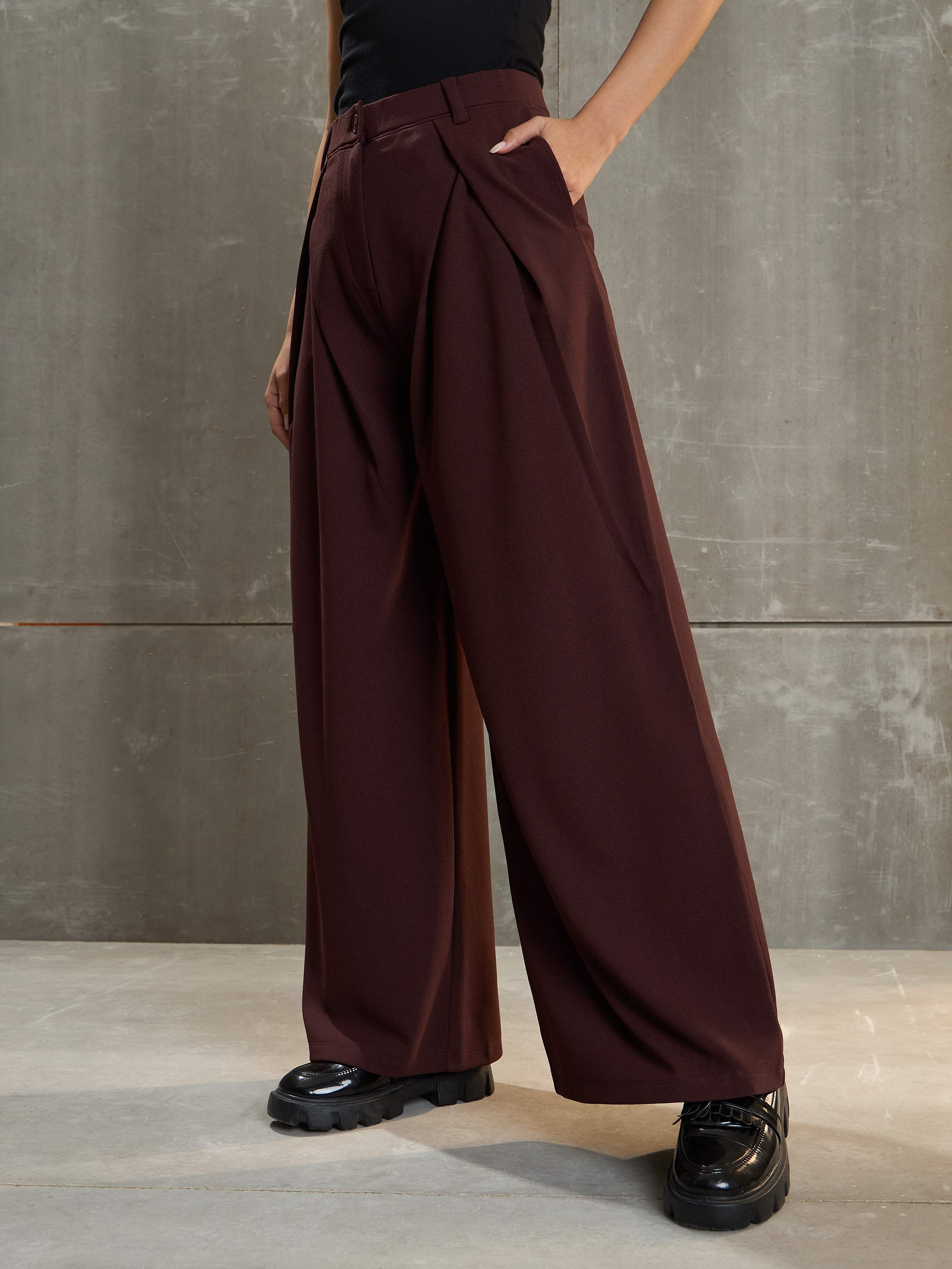 Women's Brown Front Wrap Pleated Wide Leg Pants-SASSAFRAS