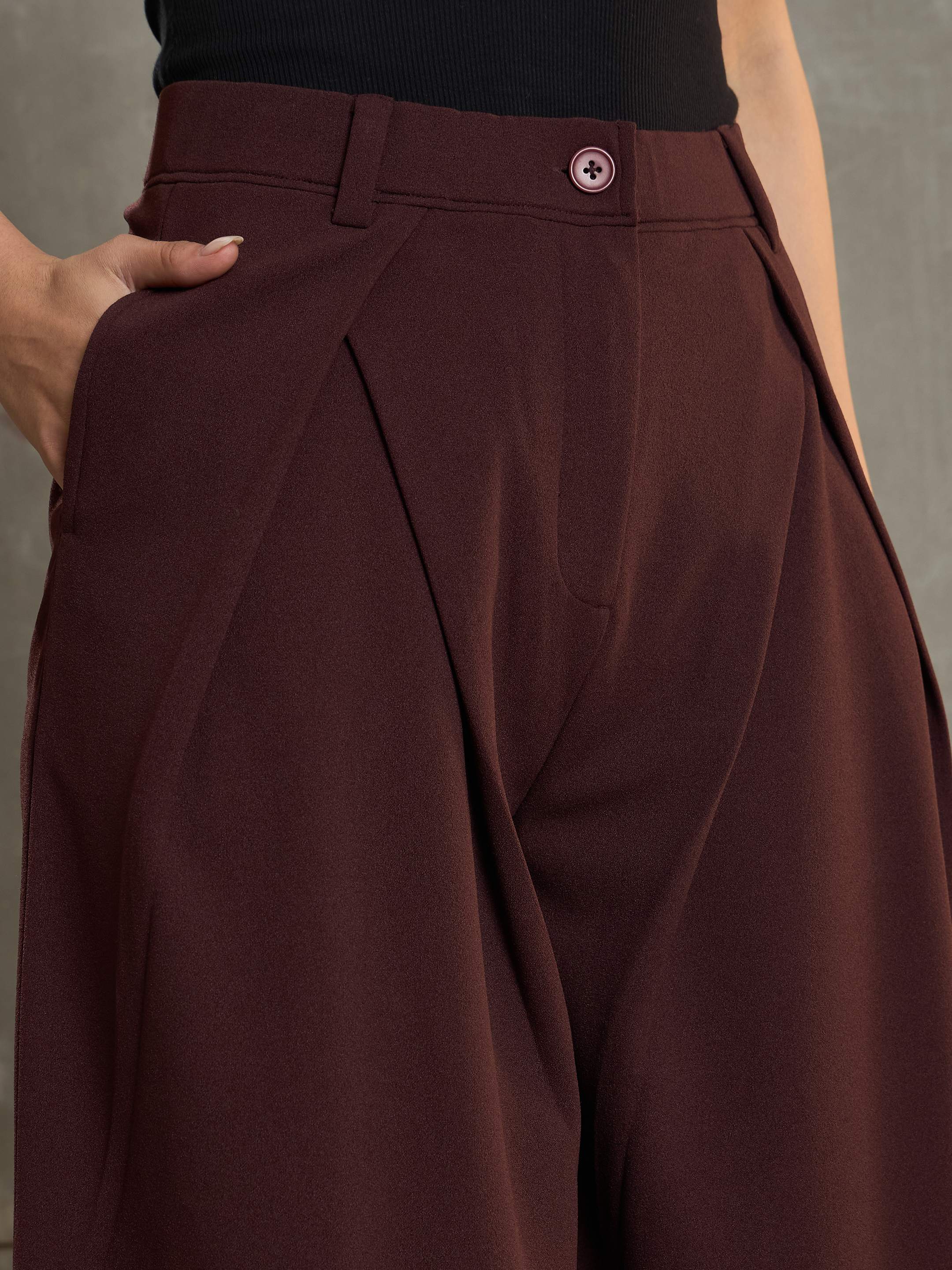 Women's Brown Front Wrap Pleated Wide Leg Pants-SASSAFRAS