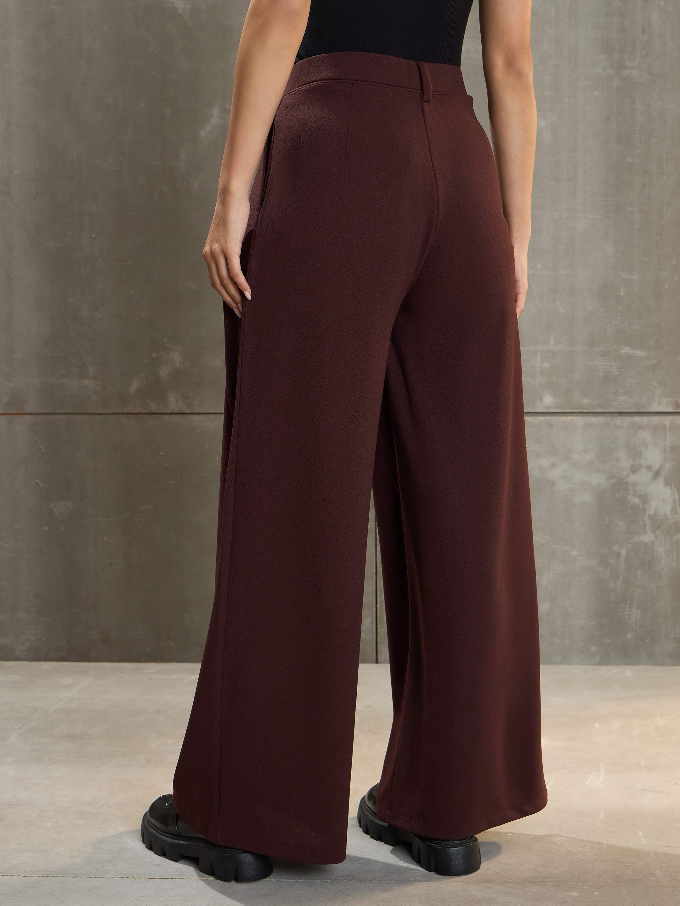 Women's Brown Front Wrap Pleated Wide Leg Pants-SASSAFRAS