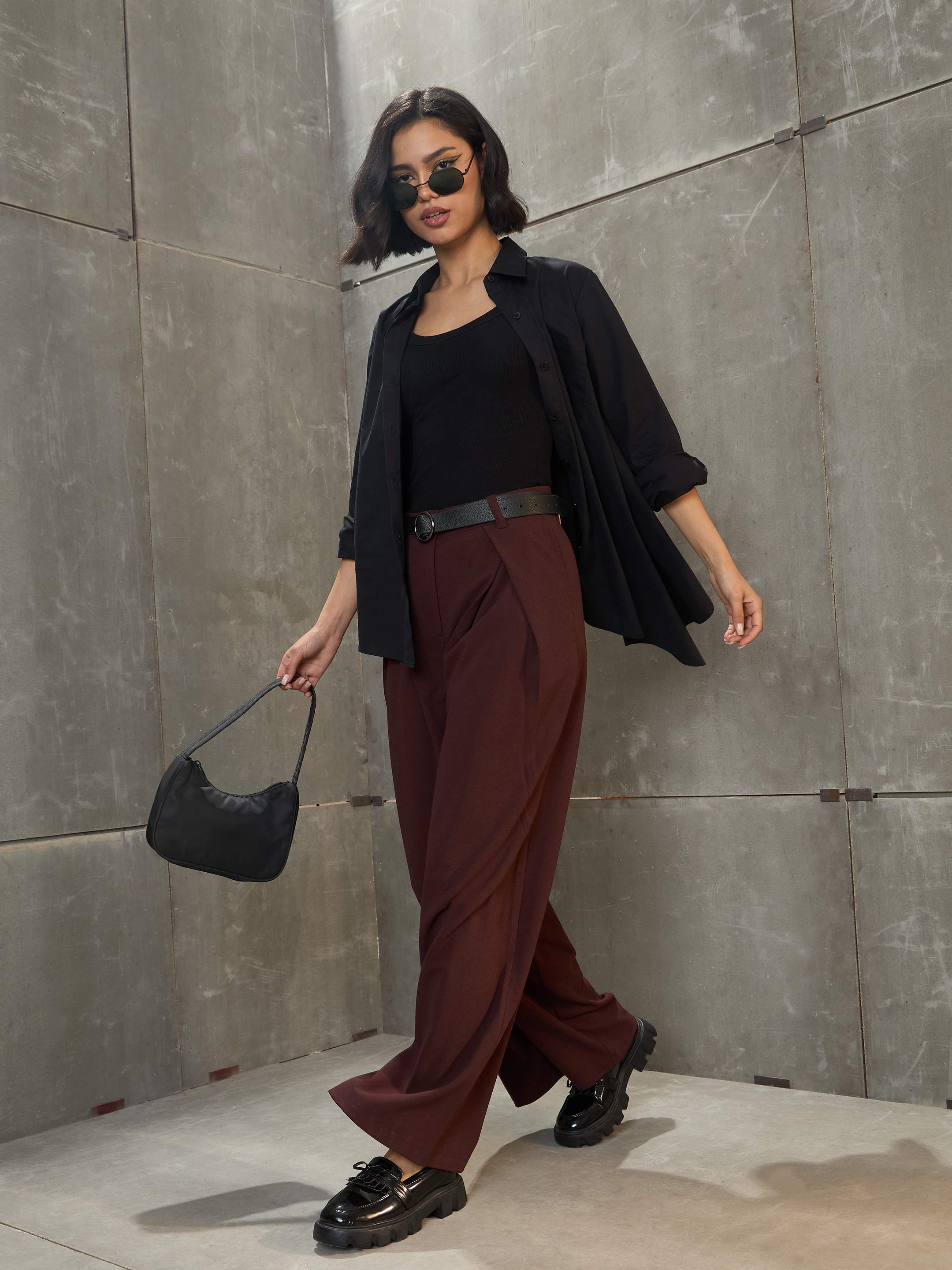 Women's Brown Front Wrap Pleated Wide Leg Pants-SASSAFRAS