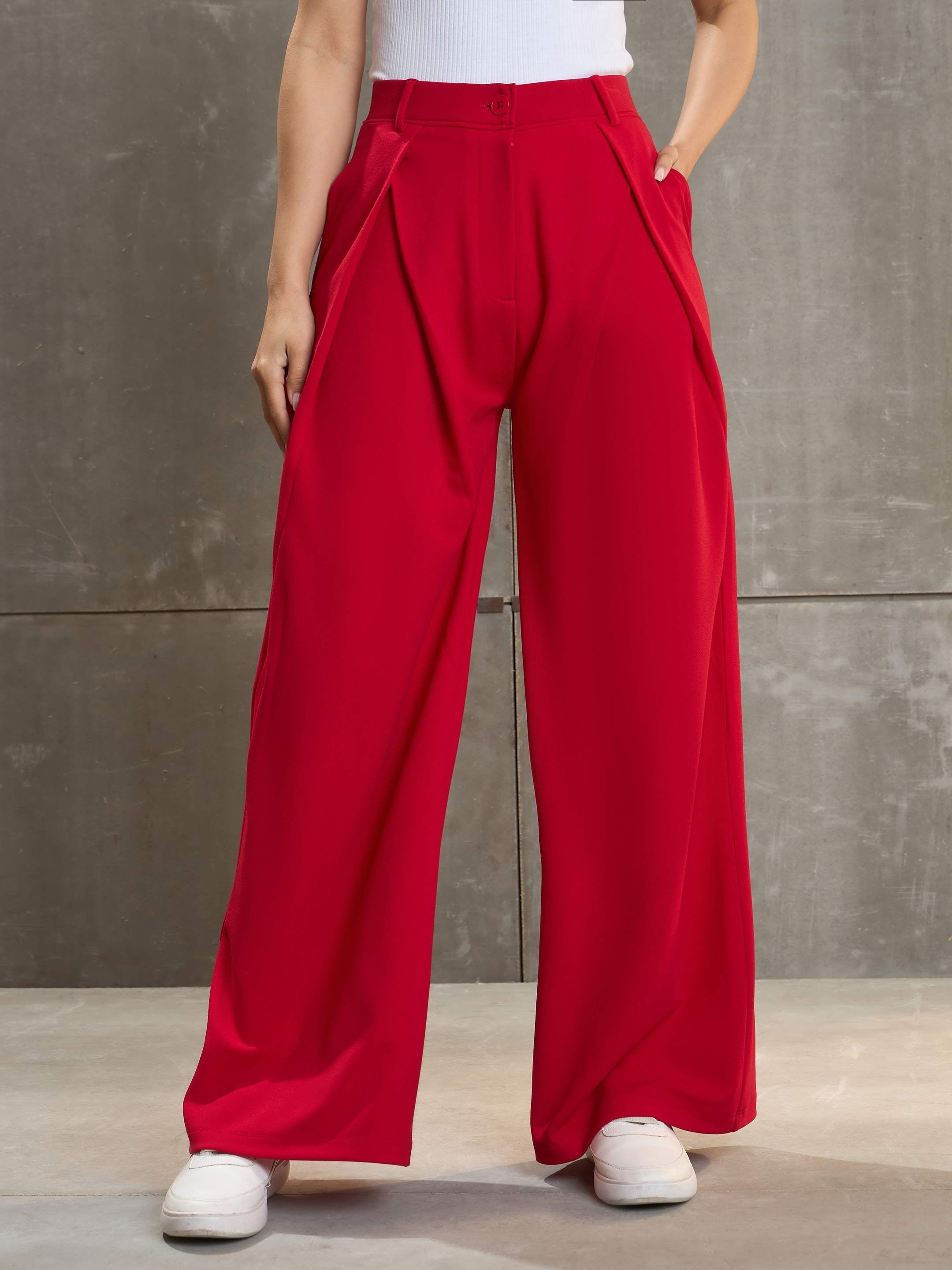 Women's Red Front Wrap Pleated Wide Leg Pants-SASSAFRAS