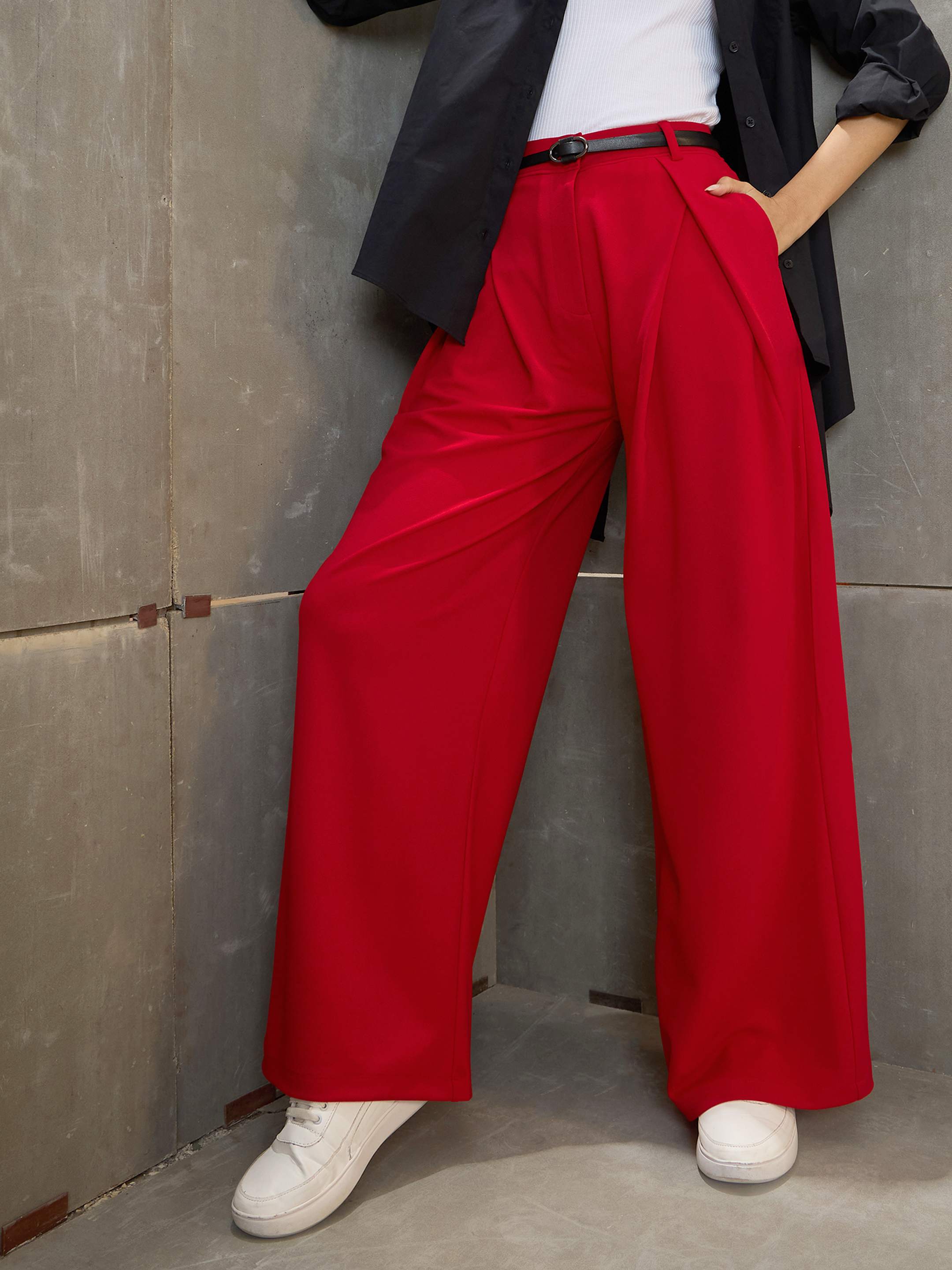 Women's Red Front Wrap Pleated Wide Leg Pants-SASSAFRAS