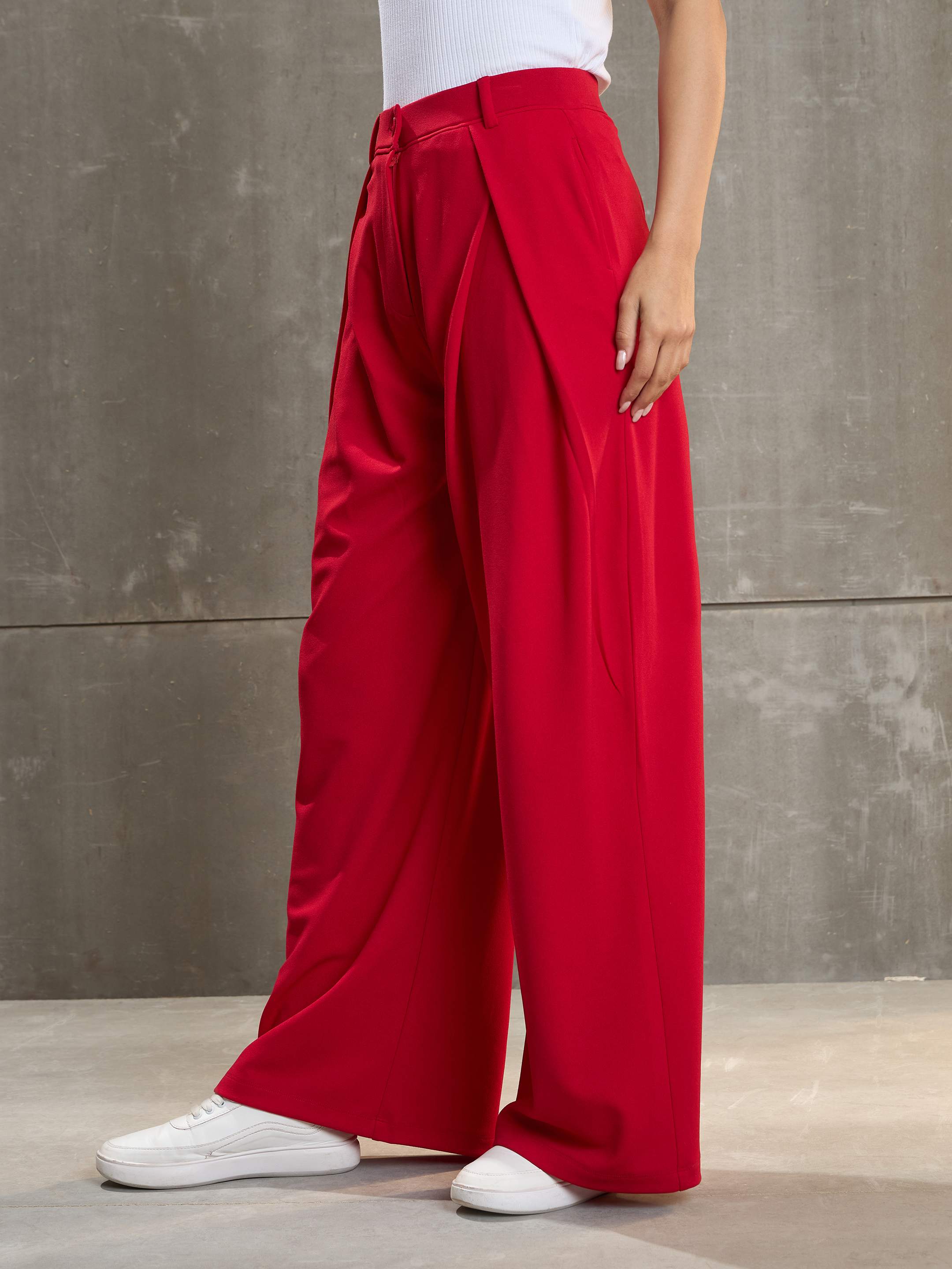 Women's Red Front Wrap Pleated Wide Leg Pants-SASSAFRAS