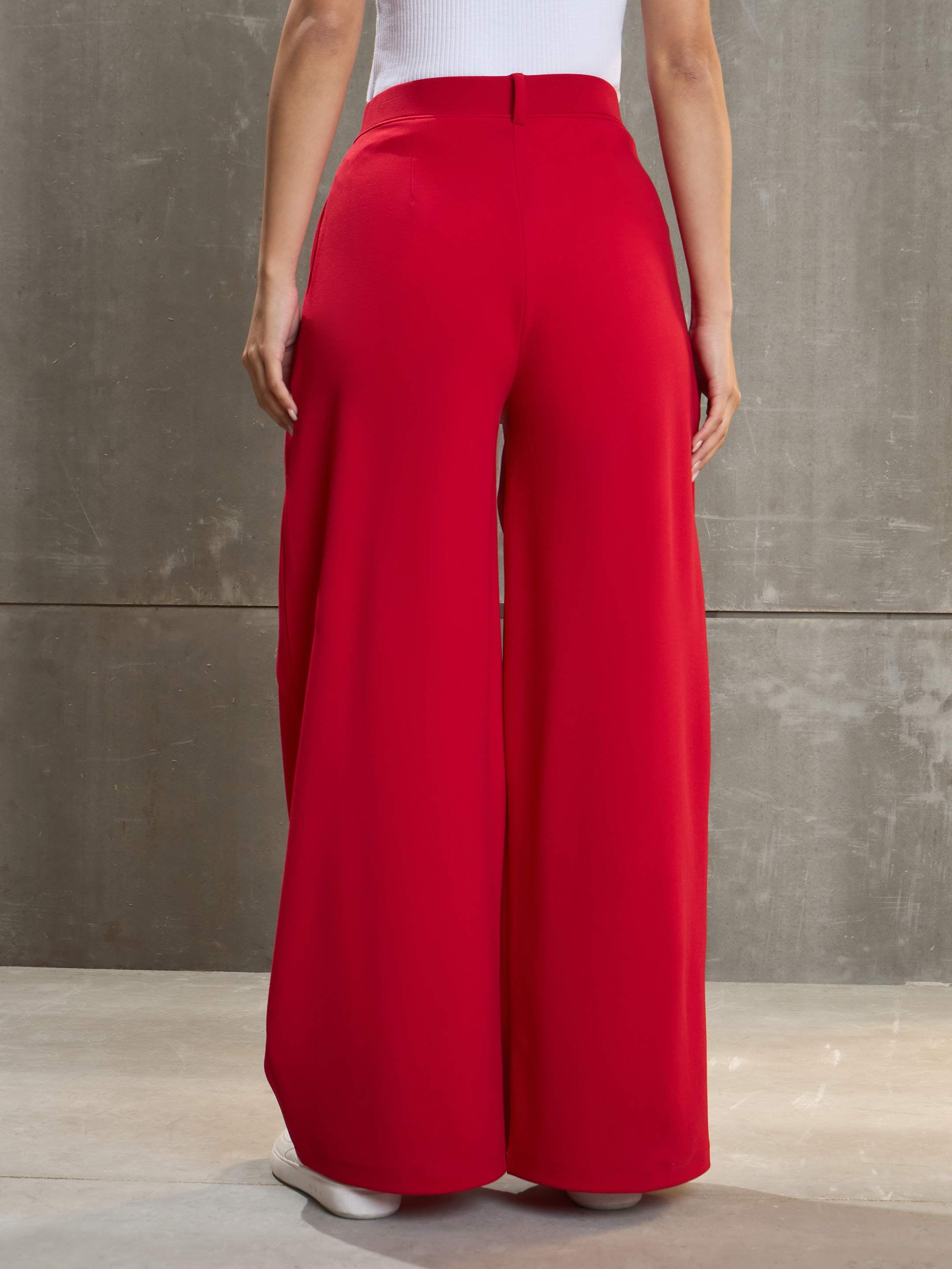 Women's Red Front Wrap Pleated Wide Leg Pants-SASSAFRAS