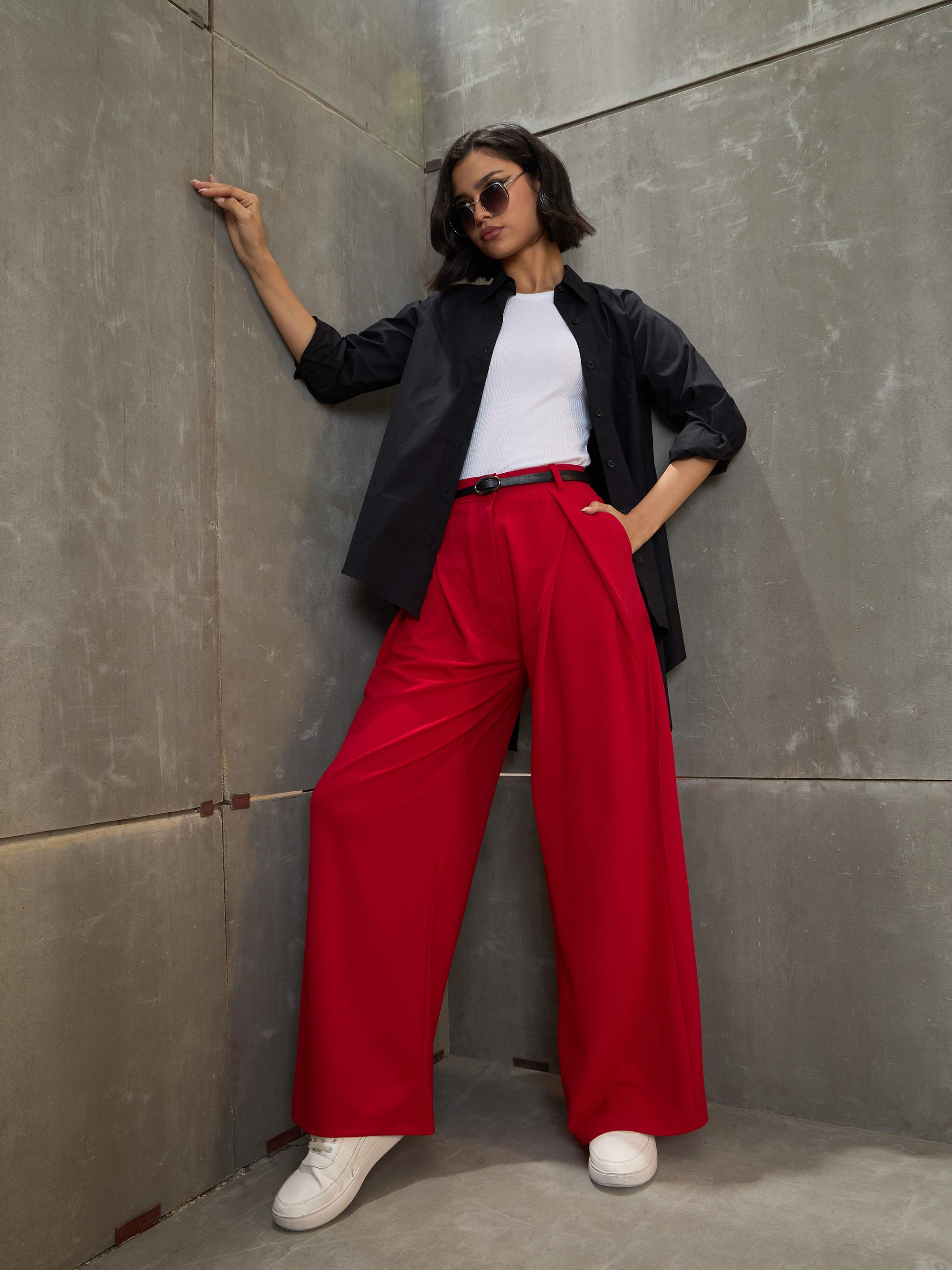 Women's Red Front Wrap Pleated Wide Leg Pants-SASSAFRAS