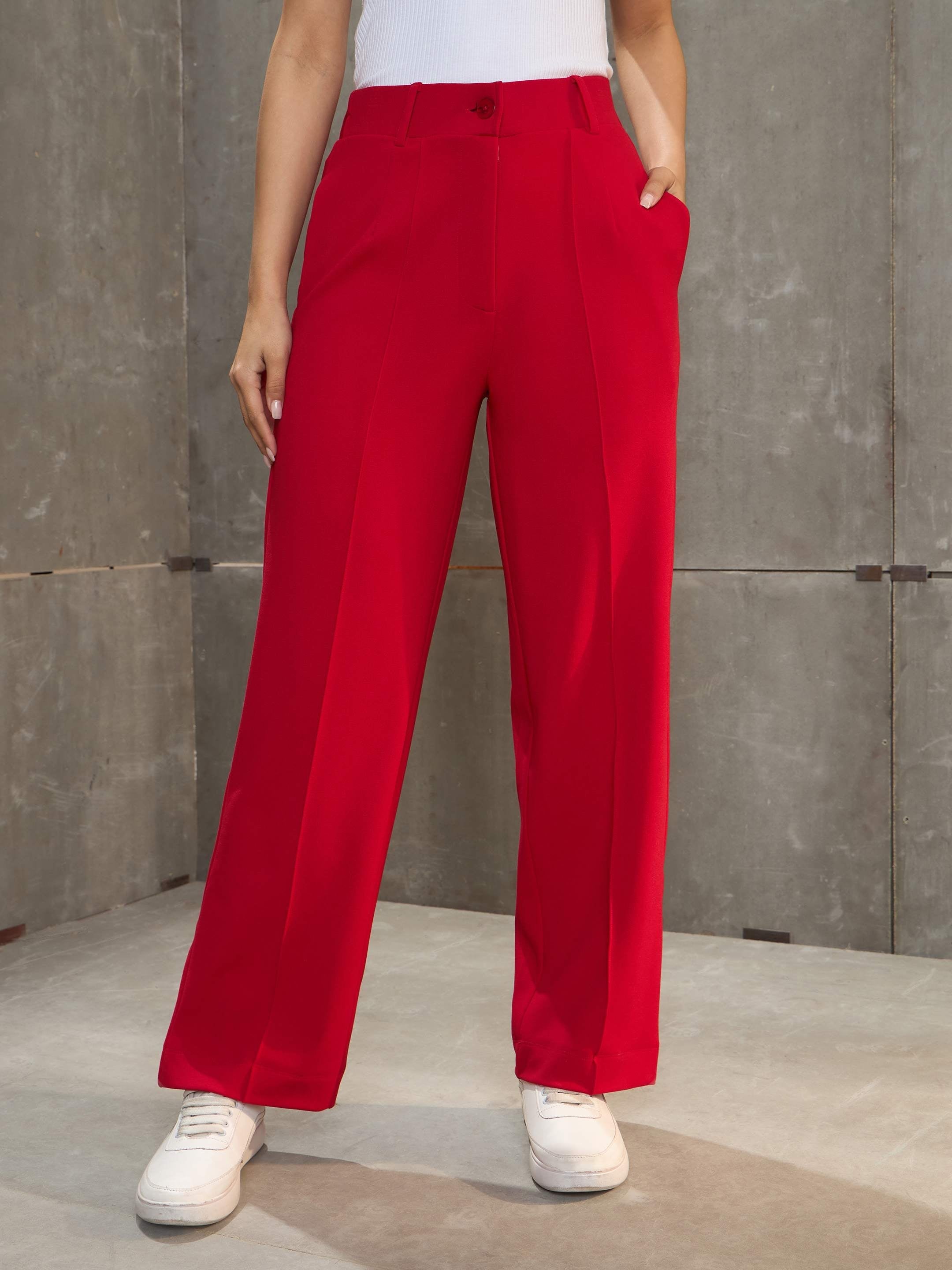 Women's Red Front Darted Straight Pants-SASSAFRAS