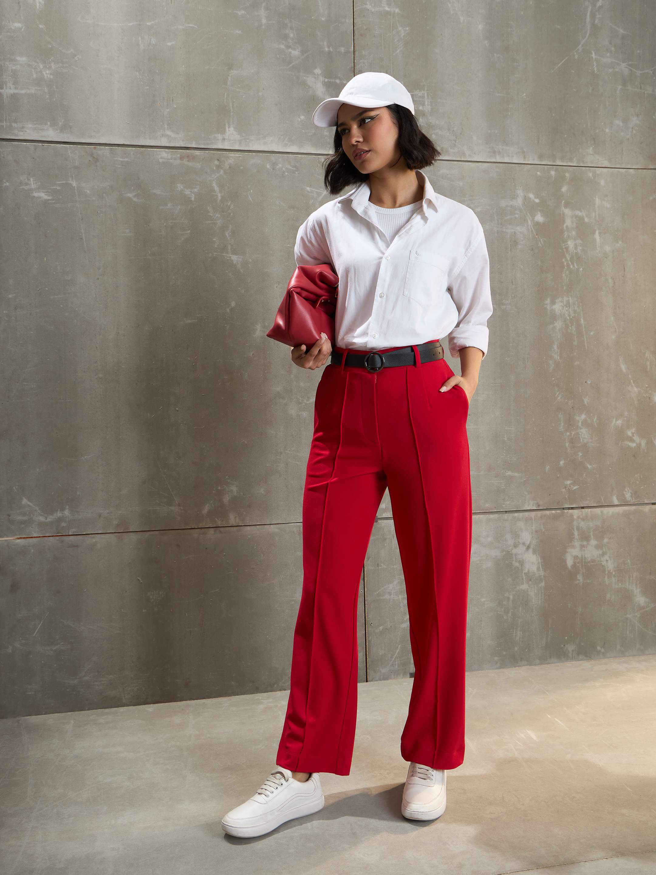 Women's Red Front Darted Straight Pants-SASSAFRAS