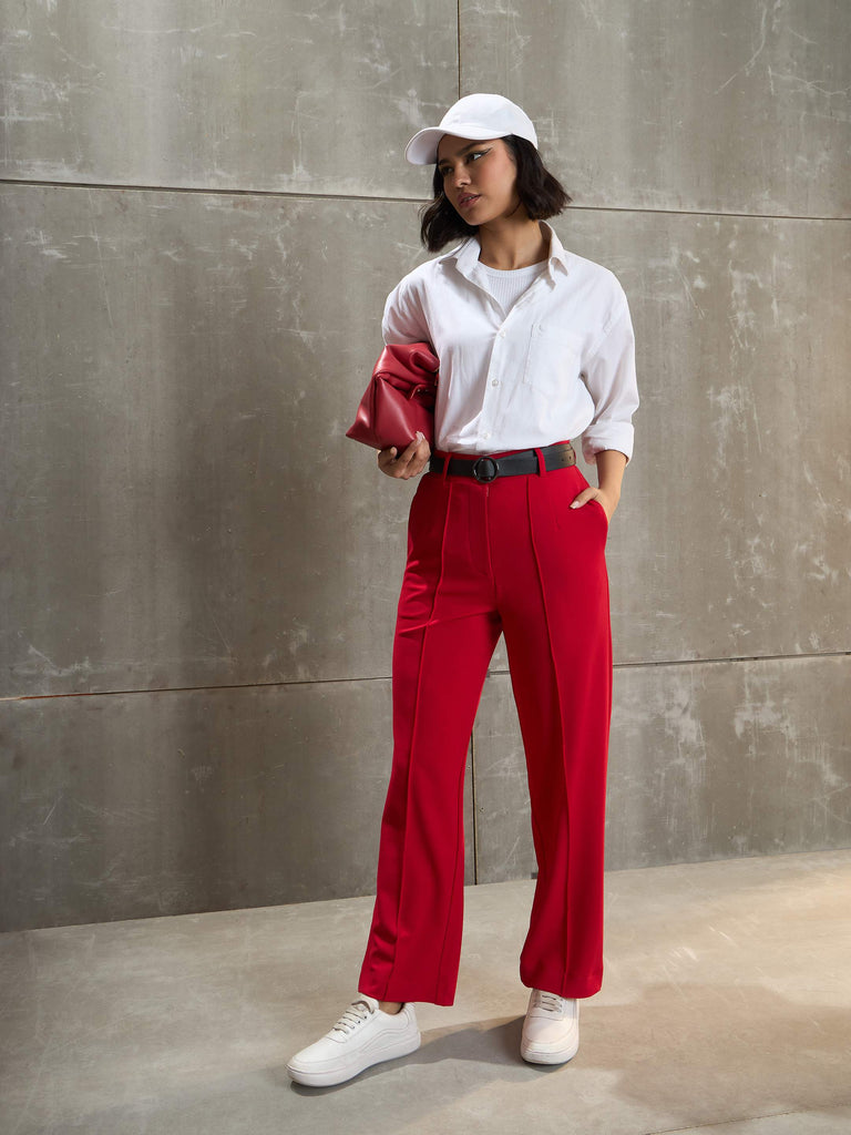 Women's Red Front Darted Straight Pan