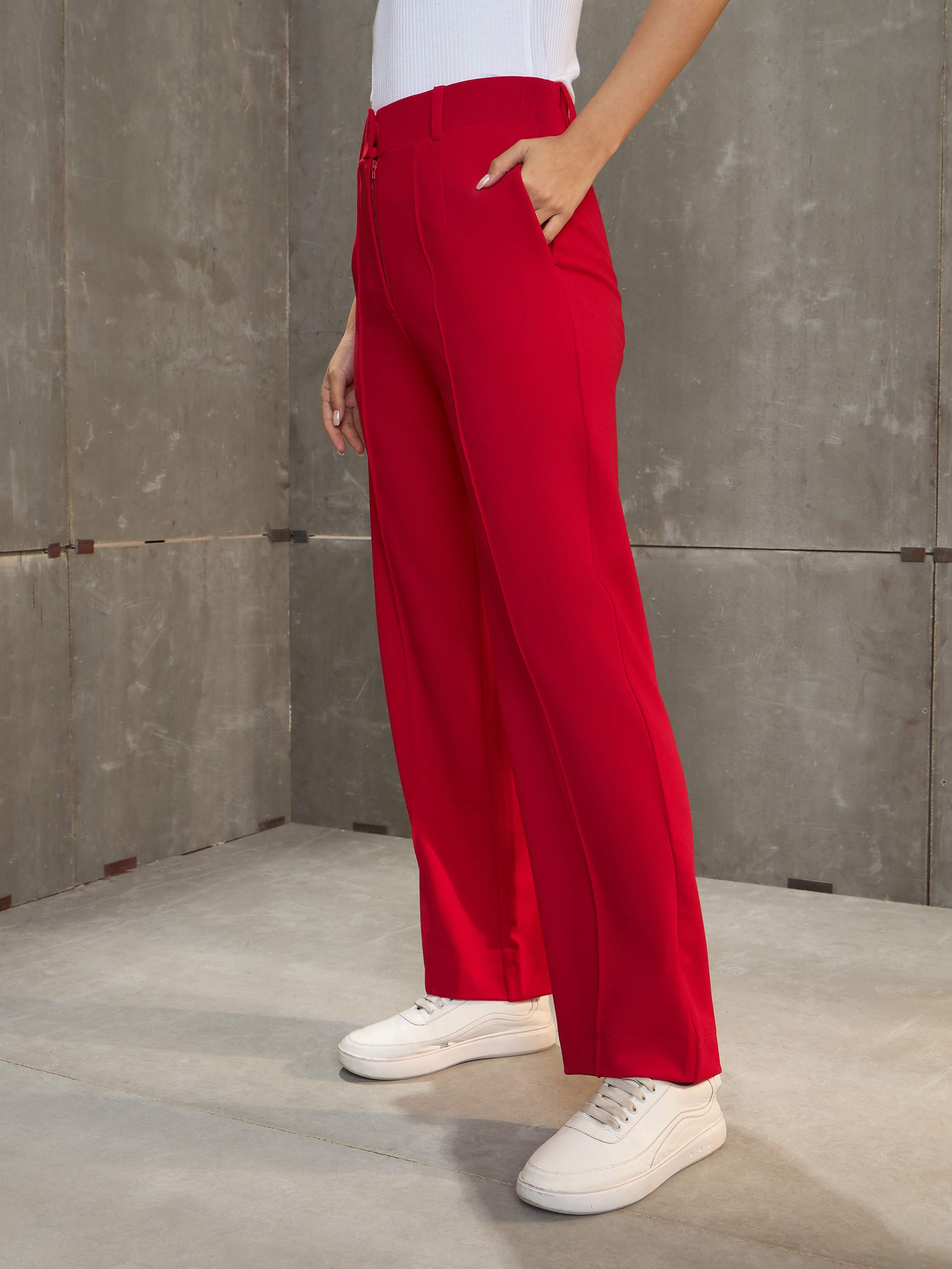 Women's Red Front Darted Straight Pants-SASSAFRAS