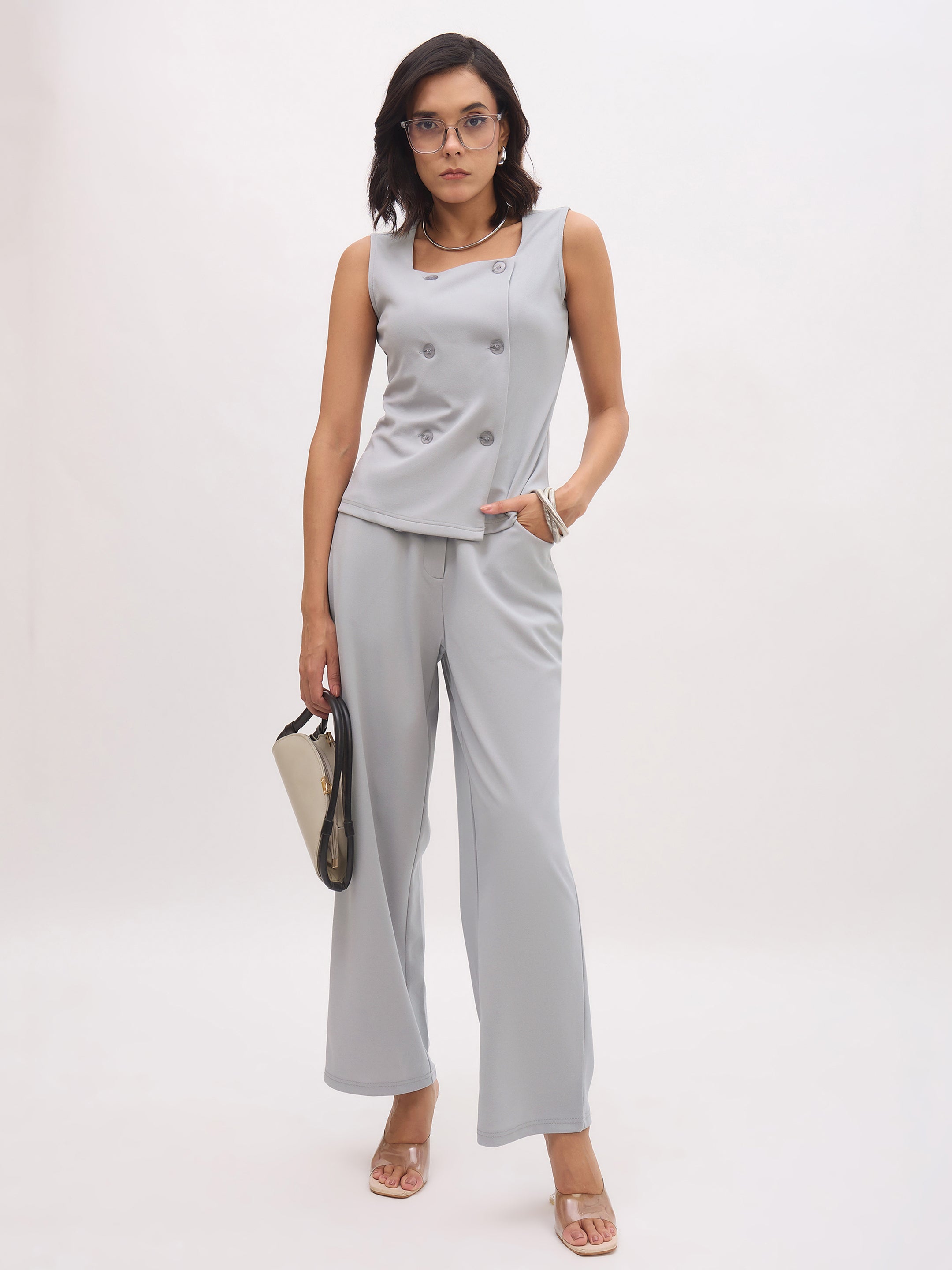 Women's Grey Cross Pocket Straight Pants