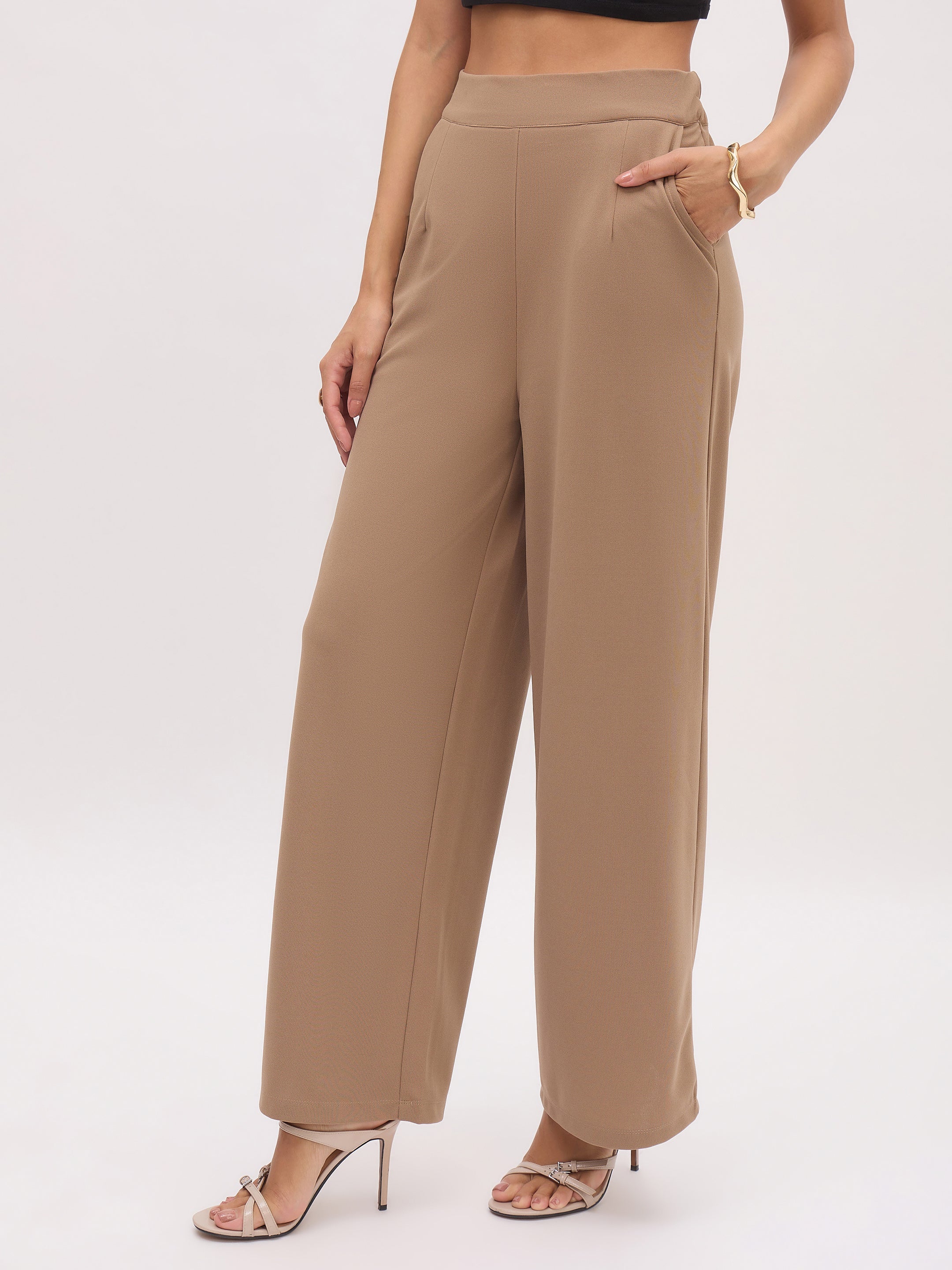 Women's Beige Cross Pocket Front Dart Straight Pants