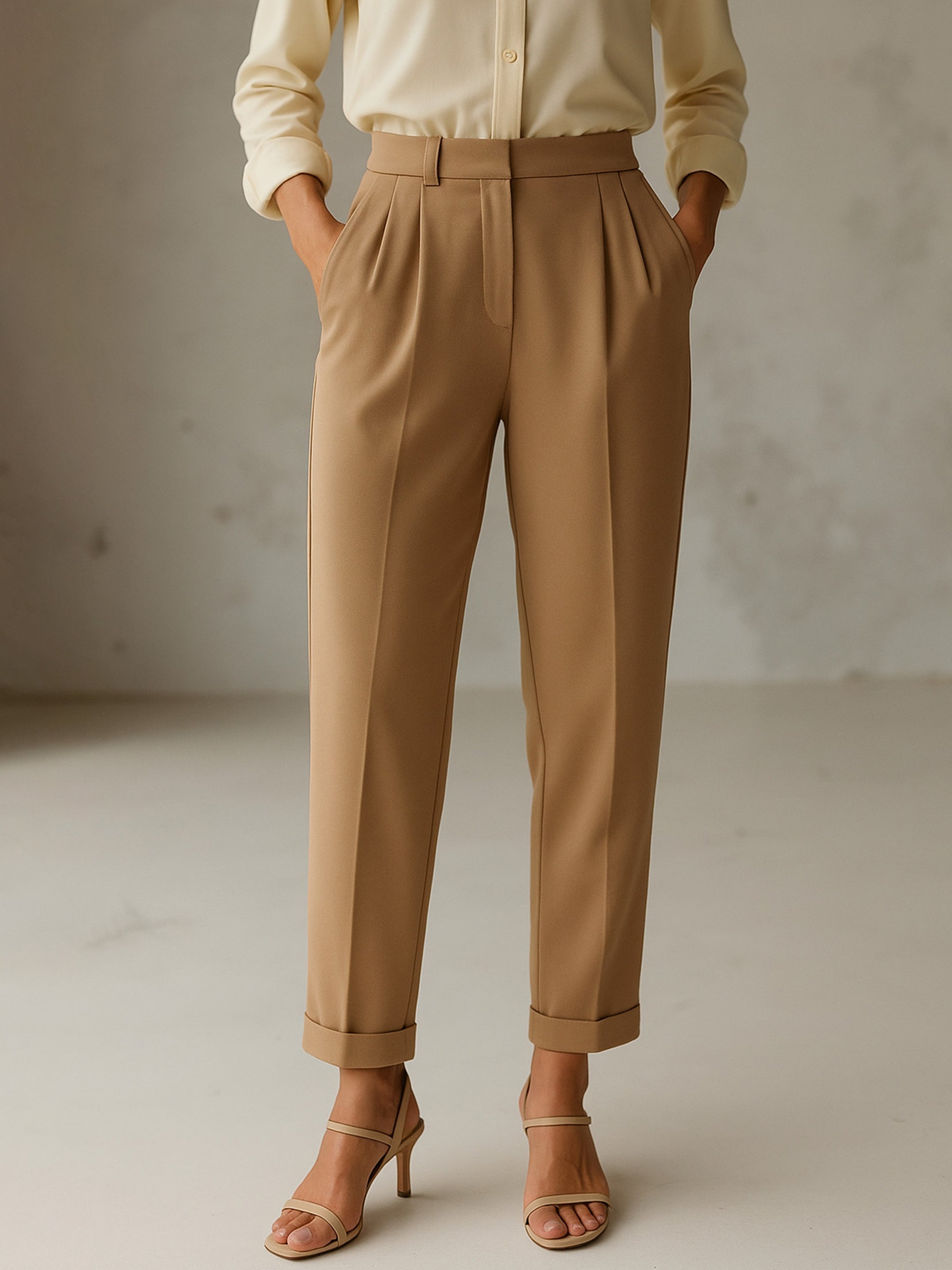 Women's Beige Cross Pocket Bottom Fold Straight Pants