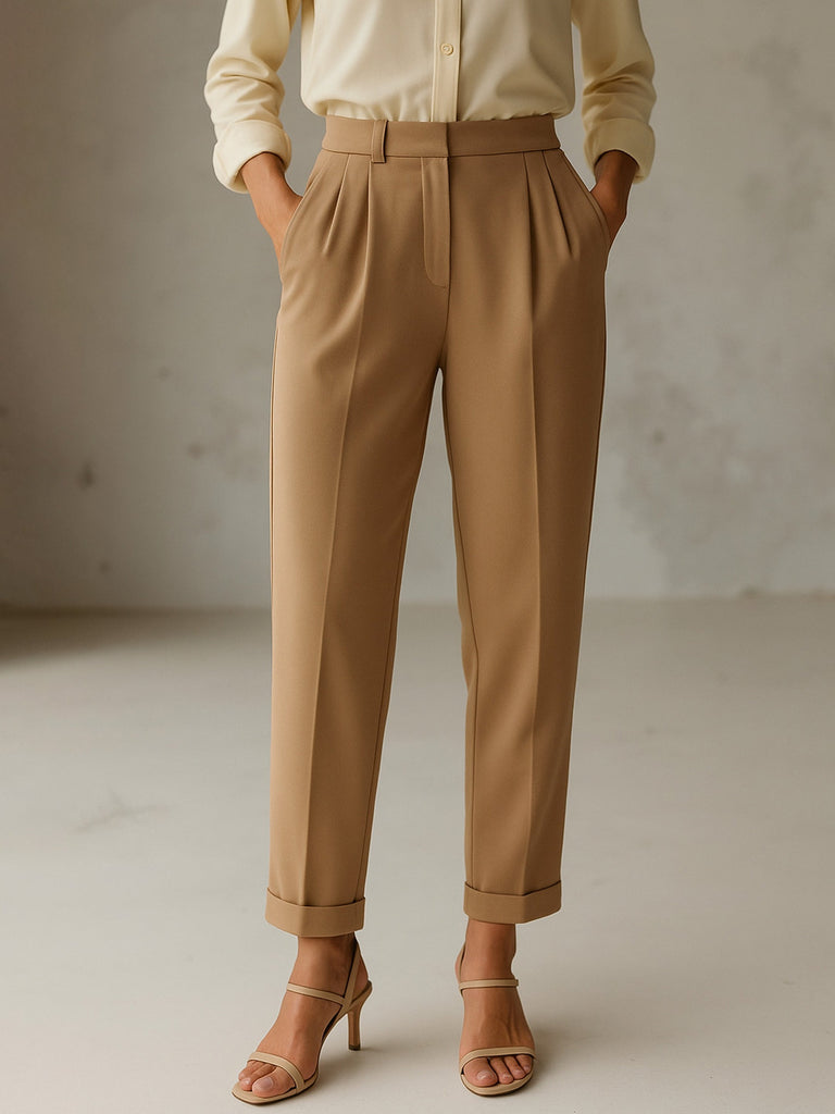 Women's Beige Cross Pocket Bottom Fold Straight Pants