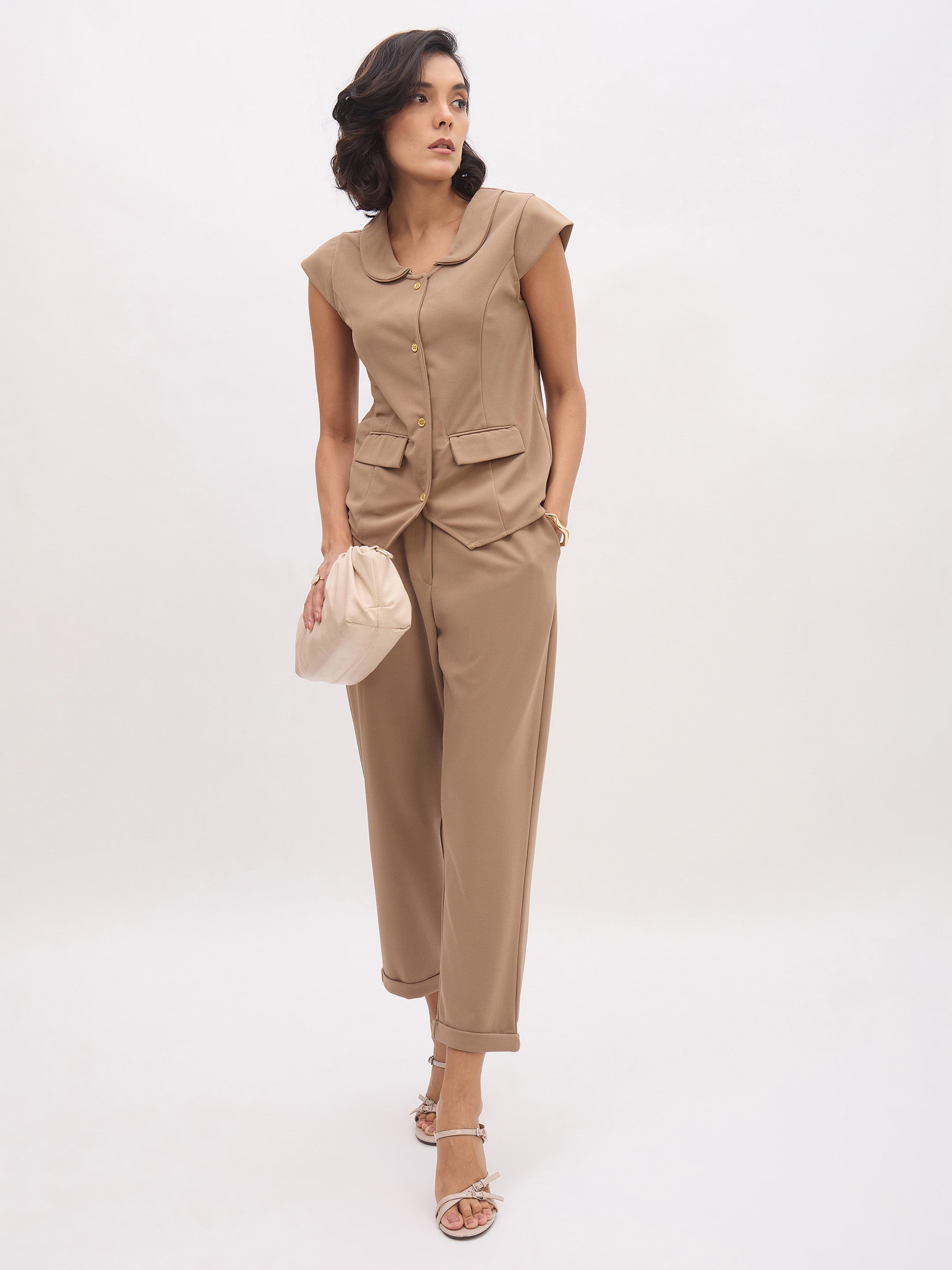 Women's Beige Cross Pocket Bottom Fold Straight Pants