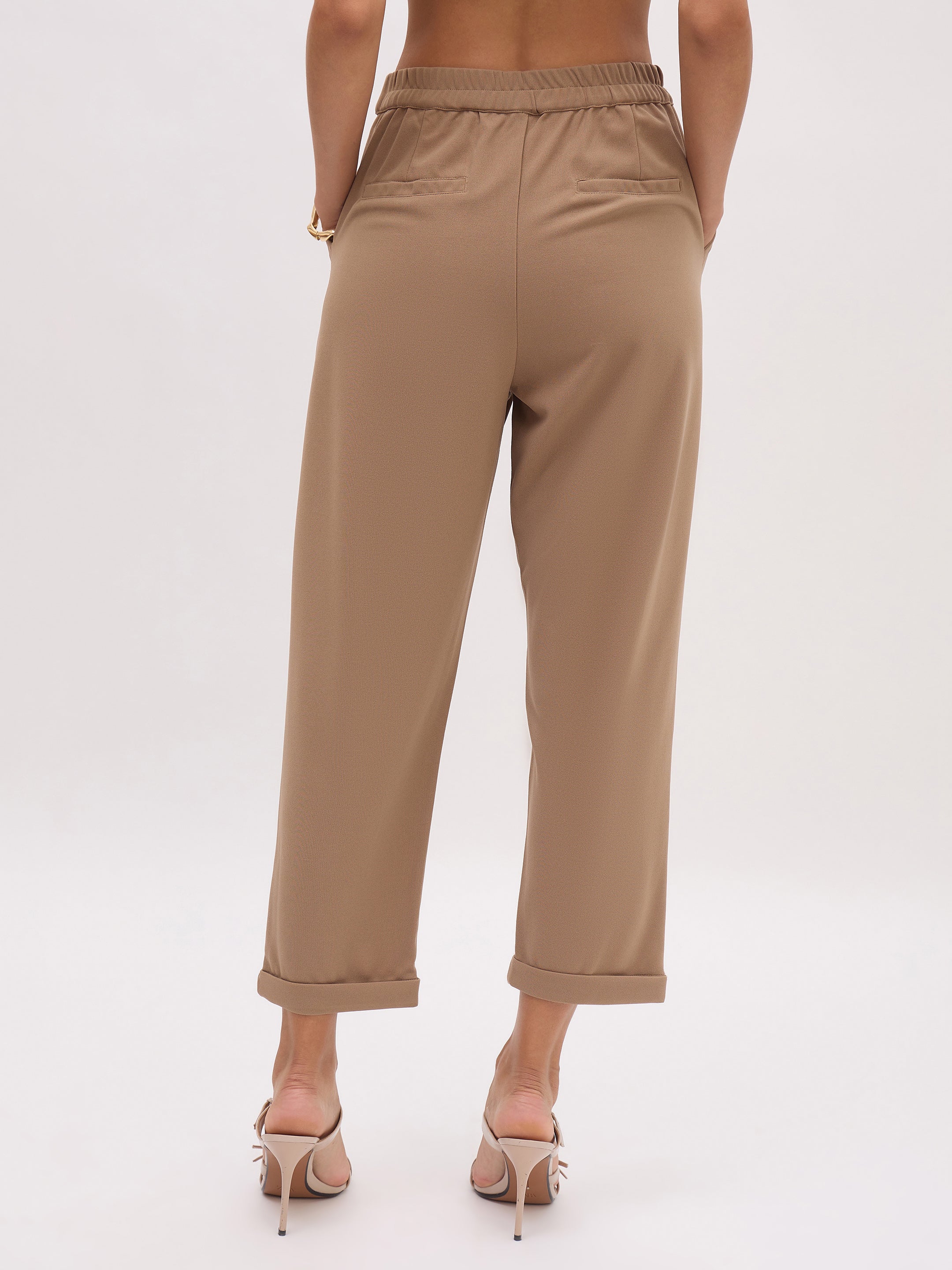 Women's Beige Cross Pocket Bottom Fold Straight Pants