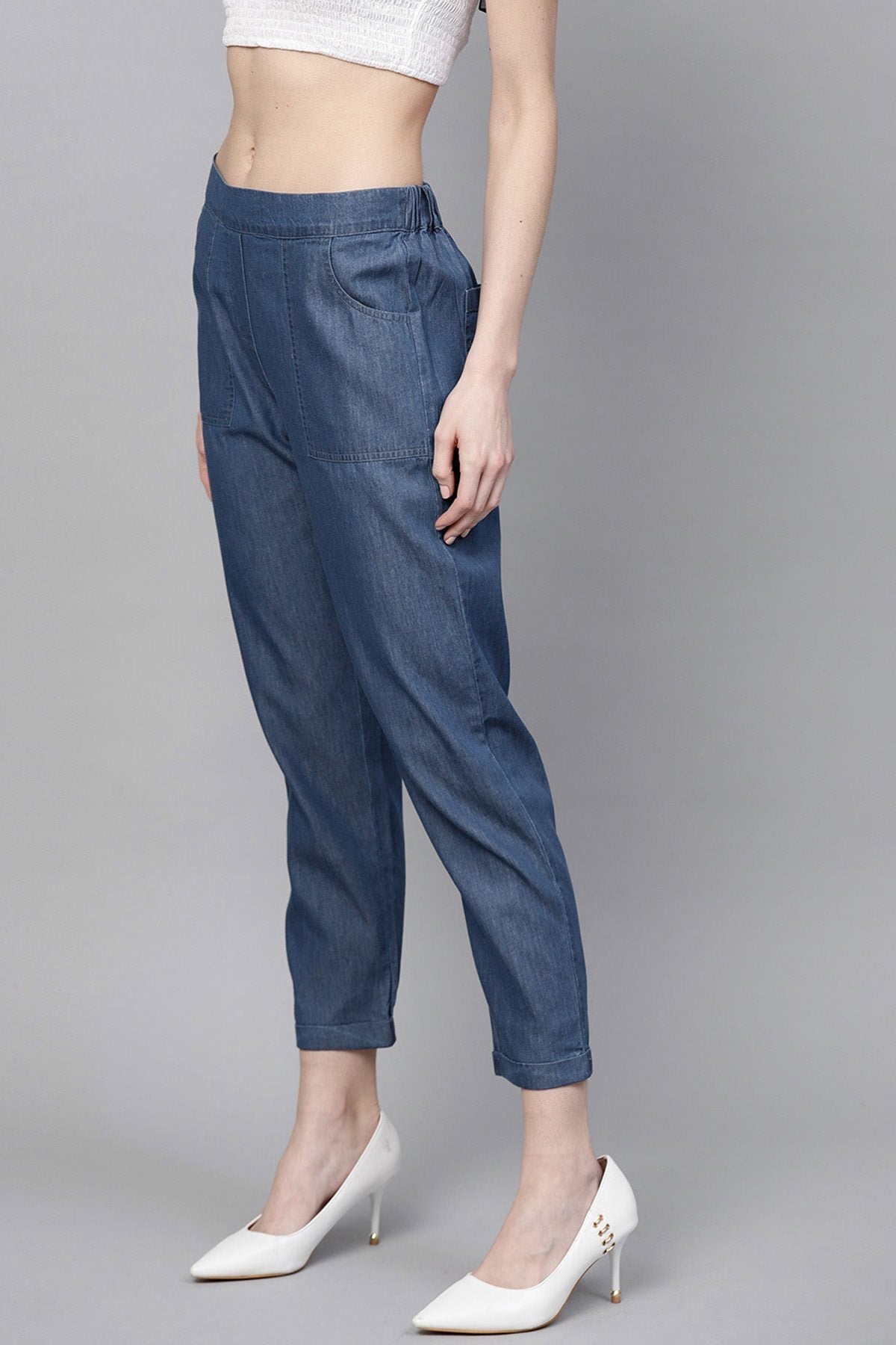 Women's Blue Denim Tapered Roll-Up Pants - Final Clearance Sale