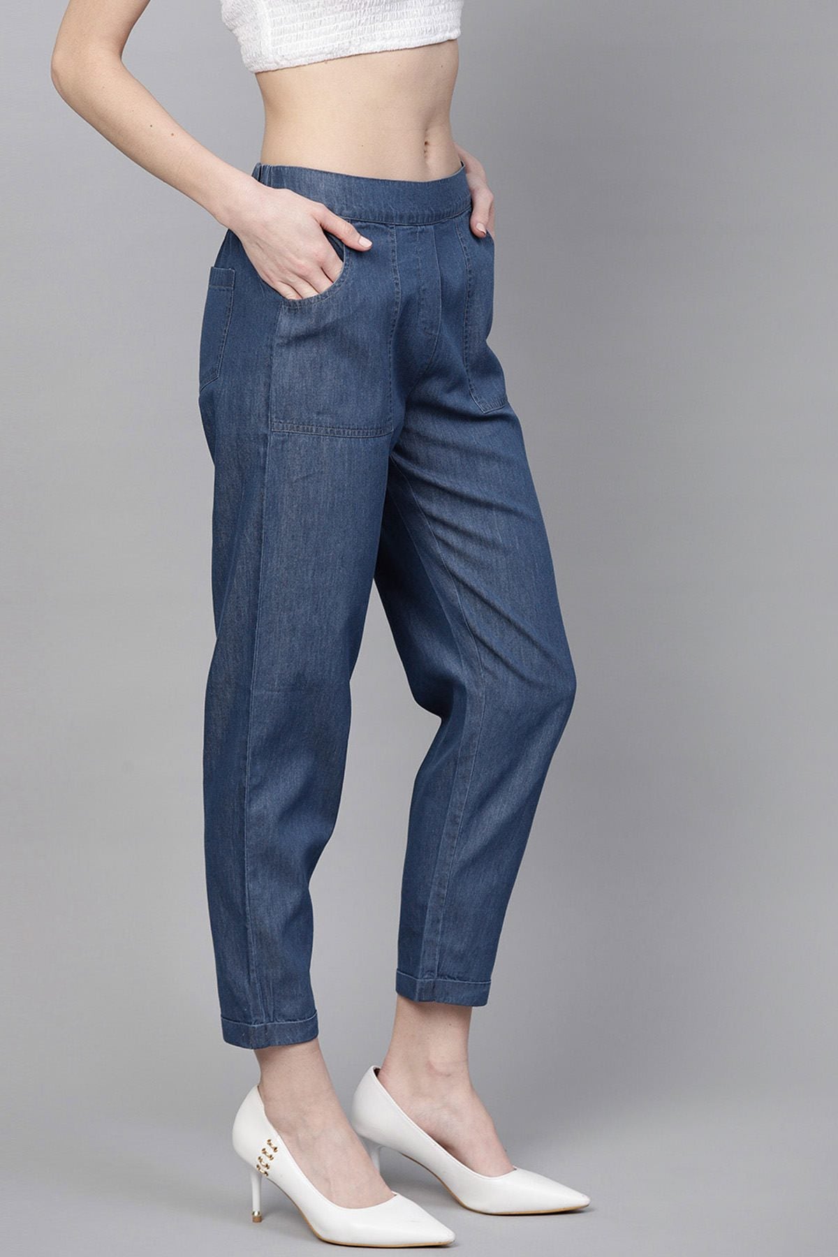 Women's Blue Denim Tapered Roll-Up Pants - Final Clearance Sale