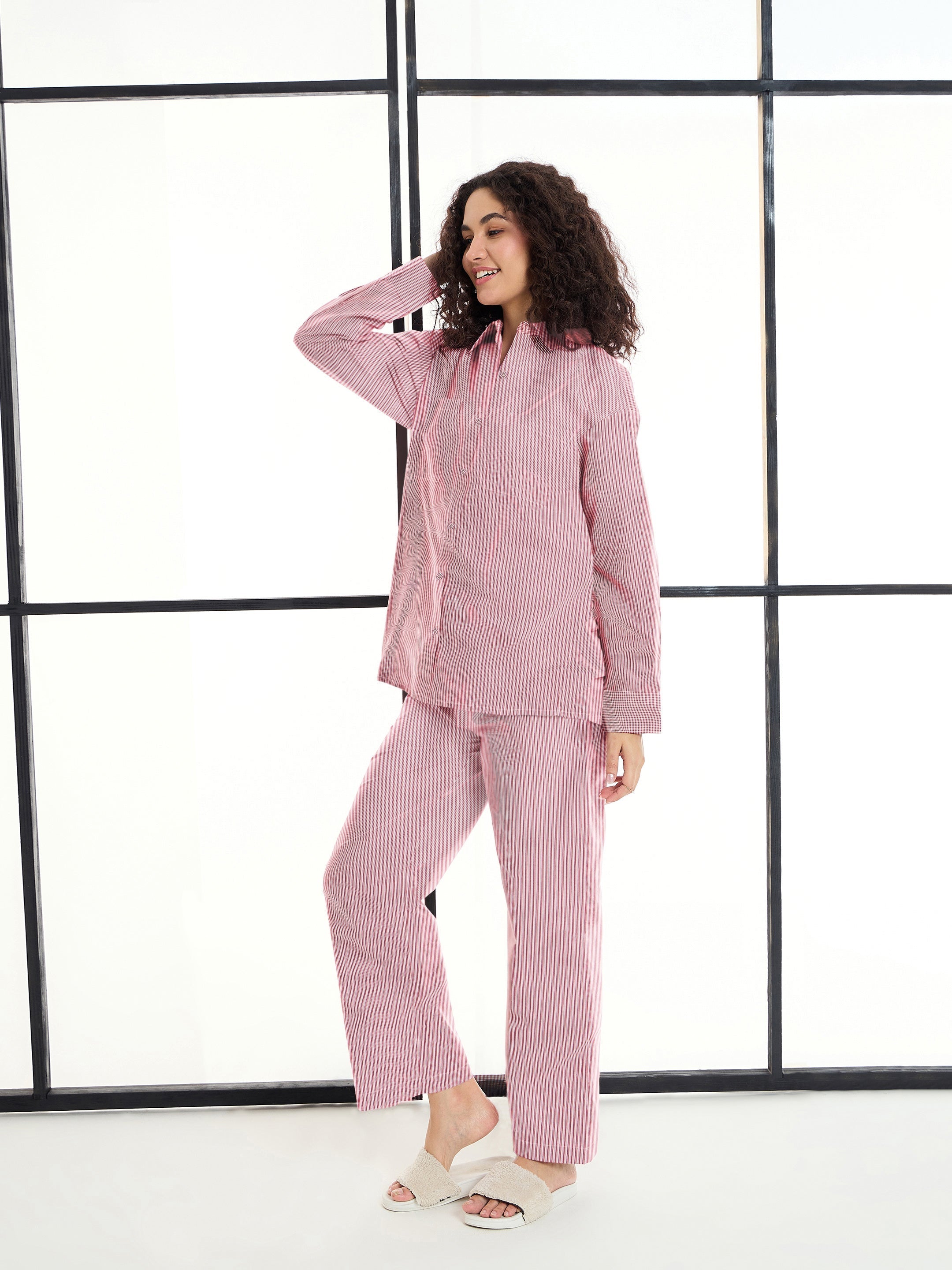 Women's Maroon Striped Night Suit - Sassafras