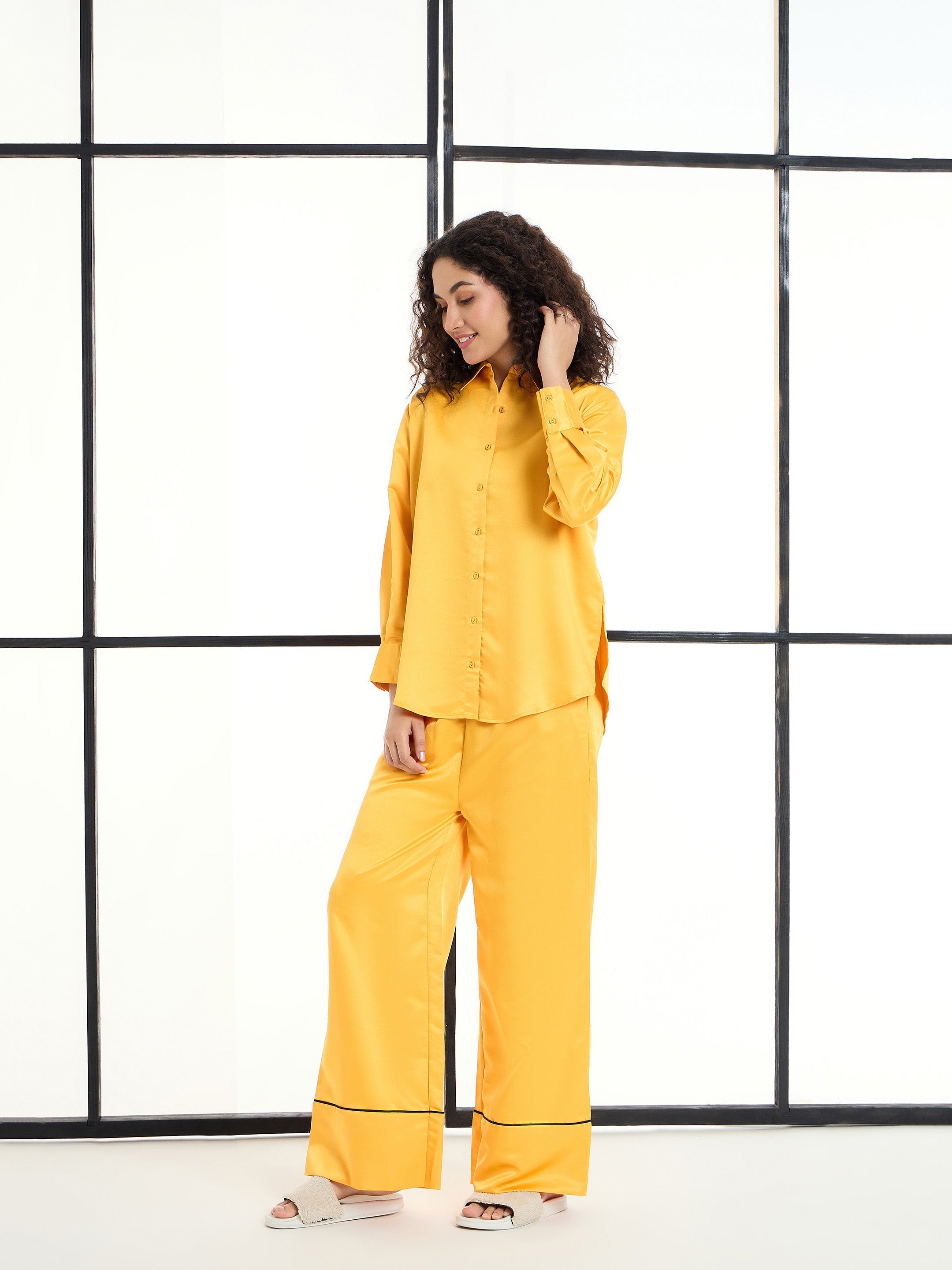 Women's Mustard Solid Night Suit - Sassafras