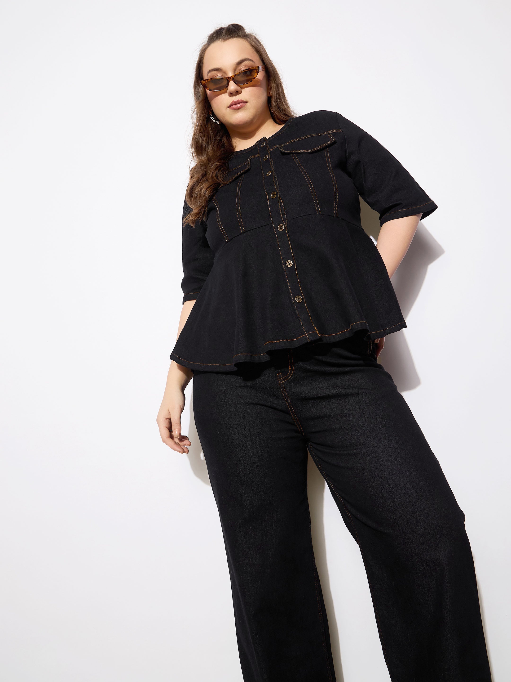 Women's Black Denim Studded Peplum Top With Jeans-SASSAFRAS