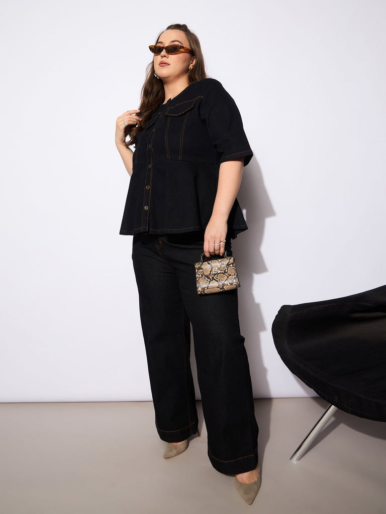 Women's Black Denim Studded Peplum Top With Jea