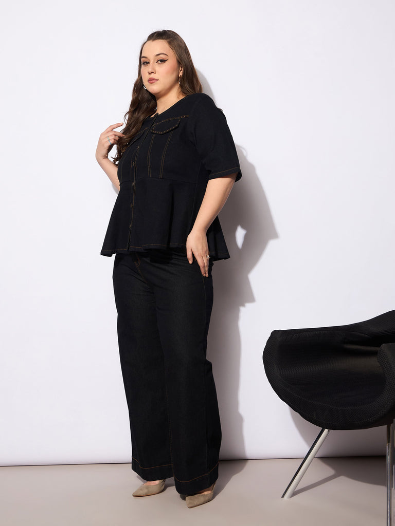 Women's Black Denim Studded Peplum Top With Jea