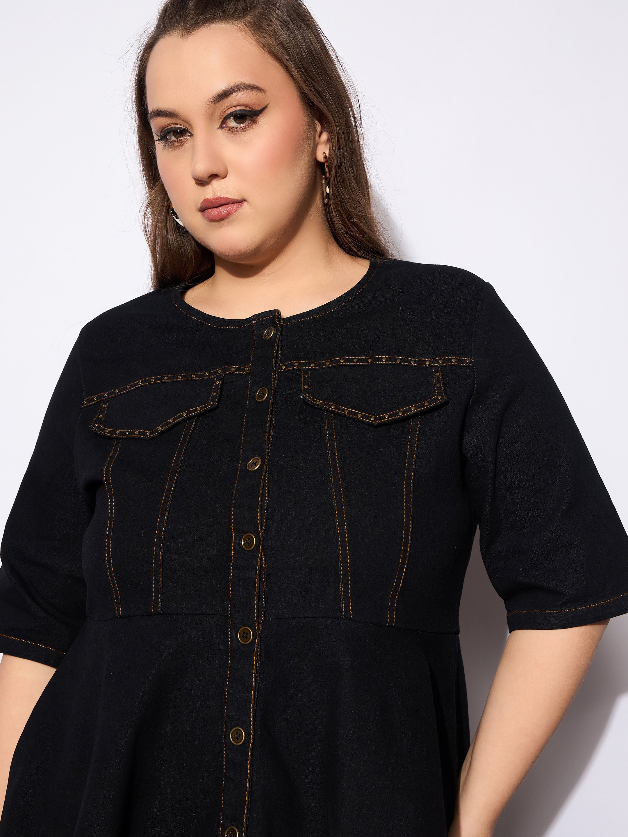 Women's Black Denim Studded Peplum Top With Jeans-SASSAFRAS