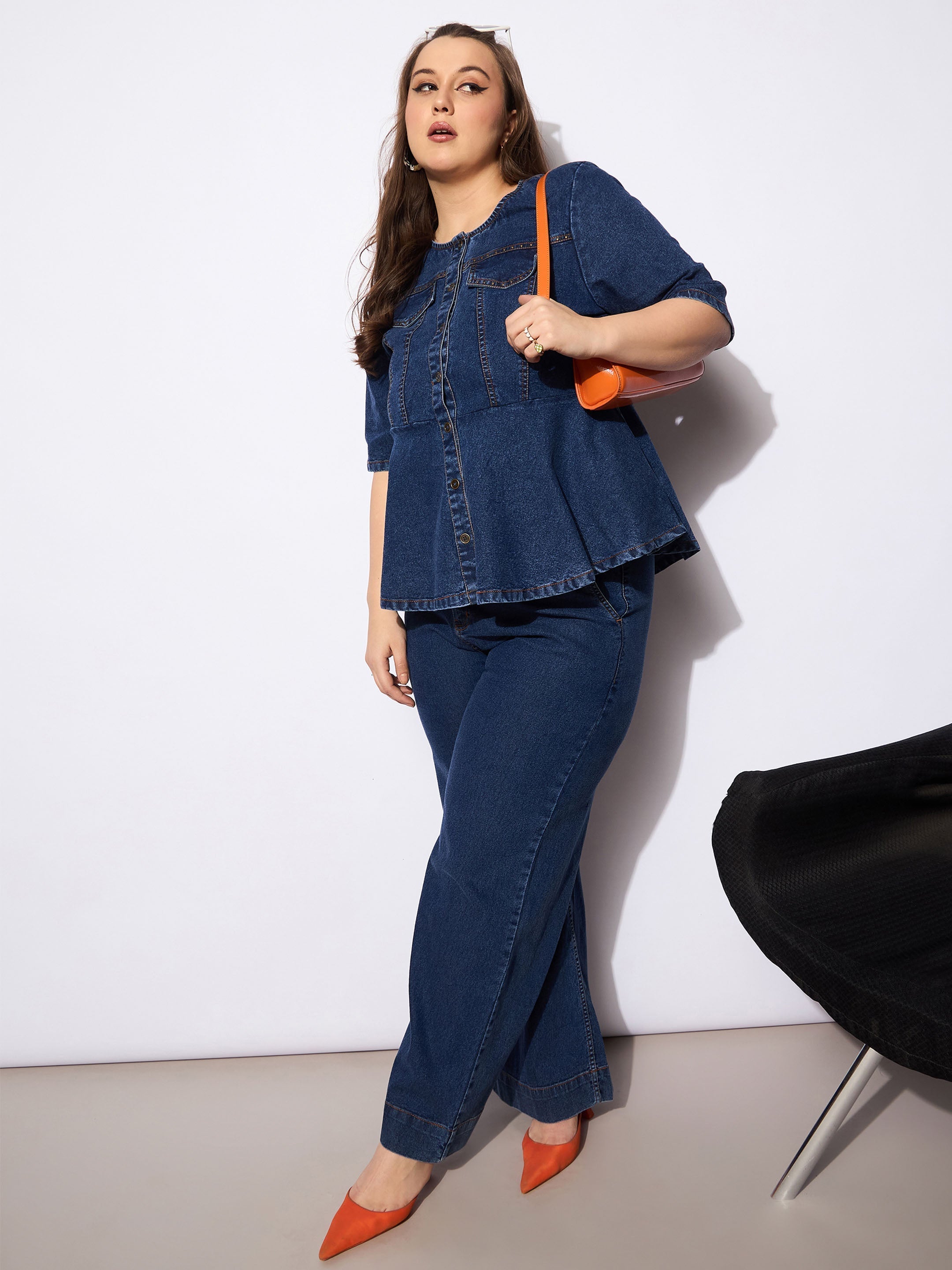 Women's Navy Denim Studded Peplum Top With Jeans-SASSAFRAS