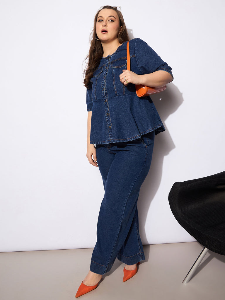 Women's Navy Denim Studded Peplum Top With Jea