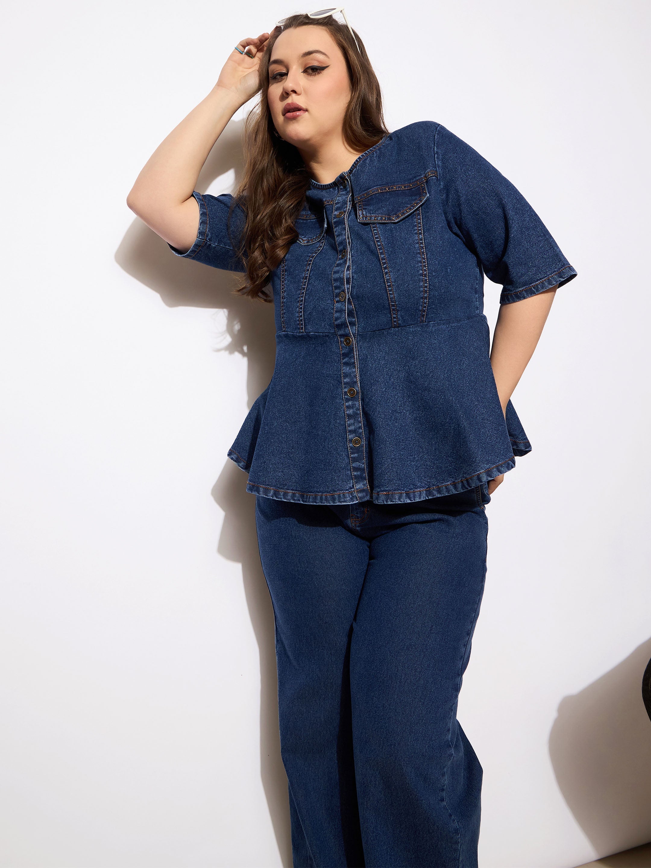 Women's Navy Denim Studded Peplum Top With Jeans-SASSAFRAS