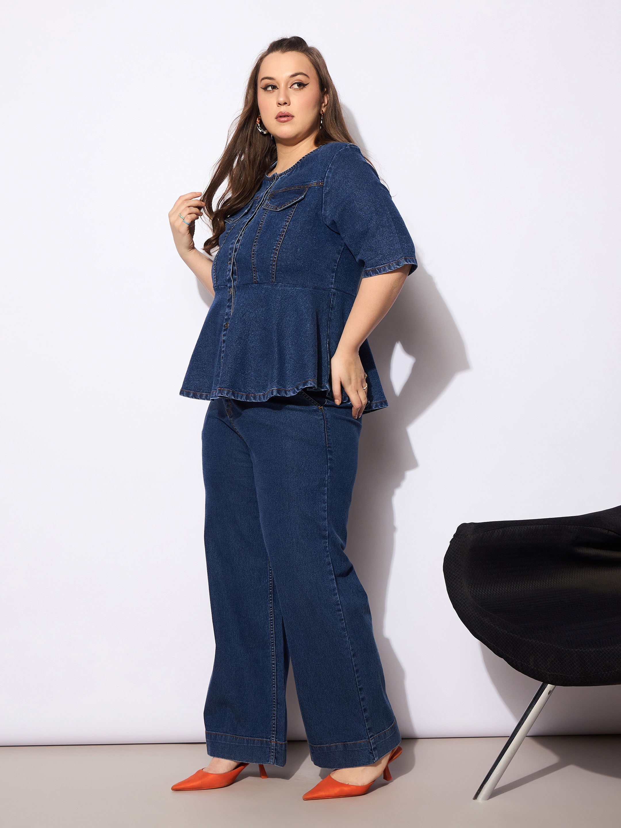 Women's Navy Denim Studded Peplum Top With Jeans-SASSAFRAS