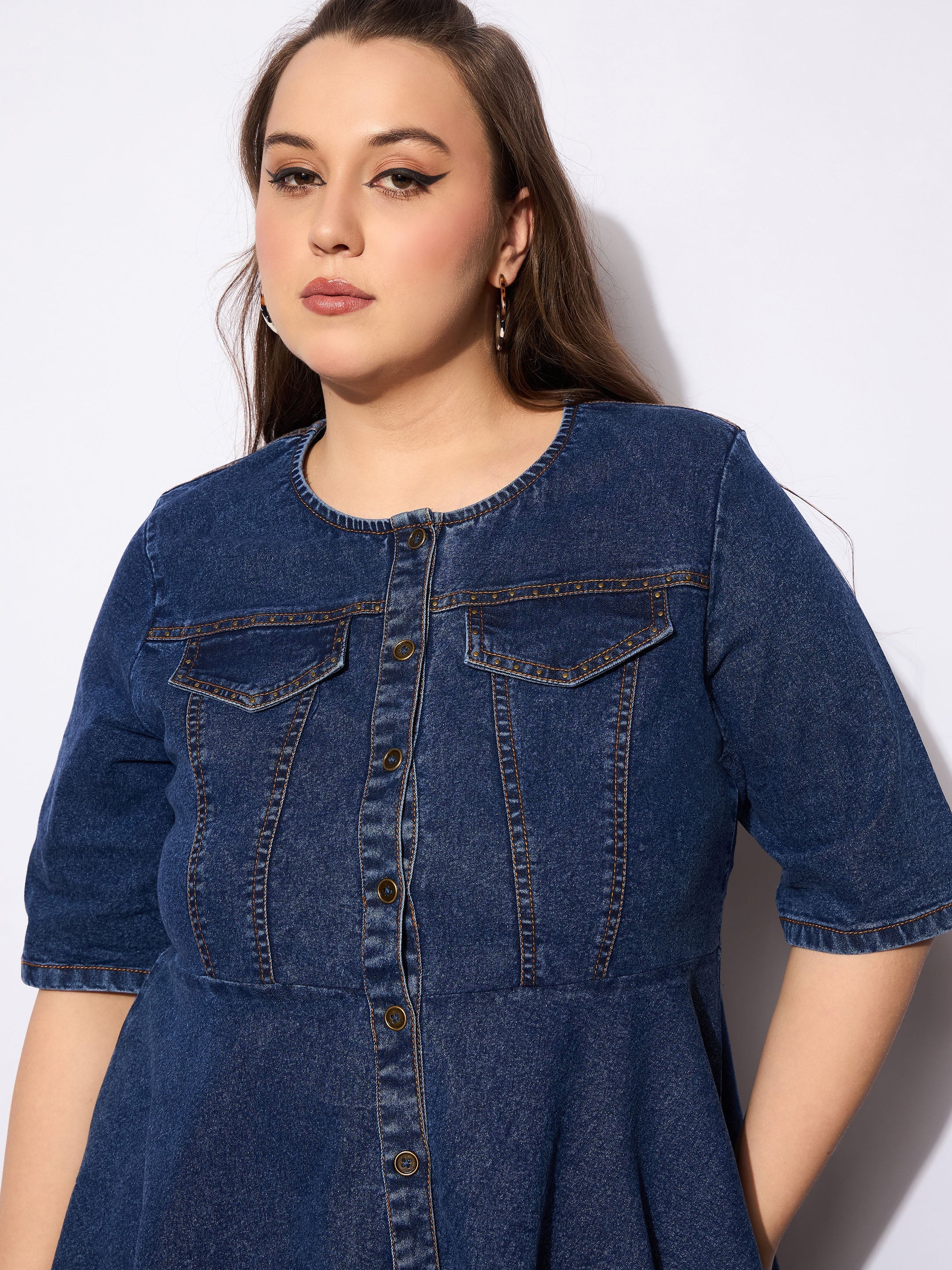 Women's Navy Denim Studded Peplum Top With Jeans-SASSAFRAS