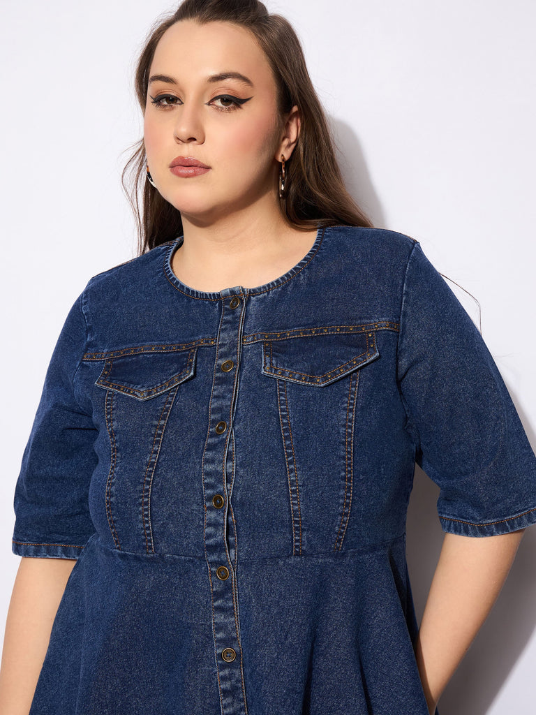 Women's Navy Denim Studded Peplum Top With Jea