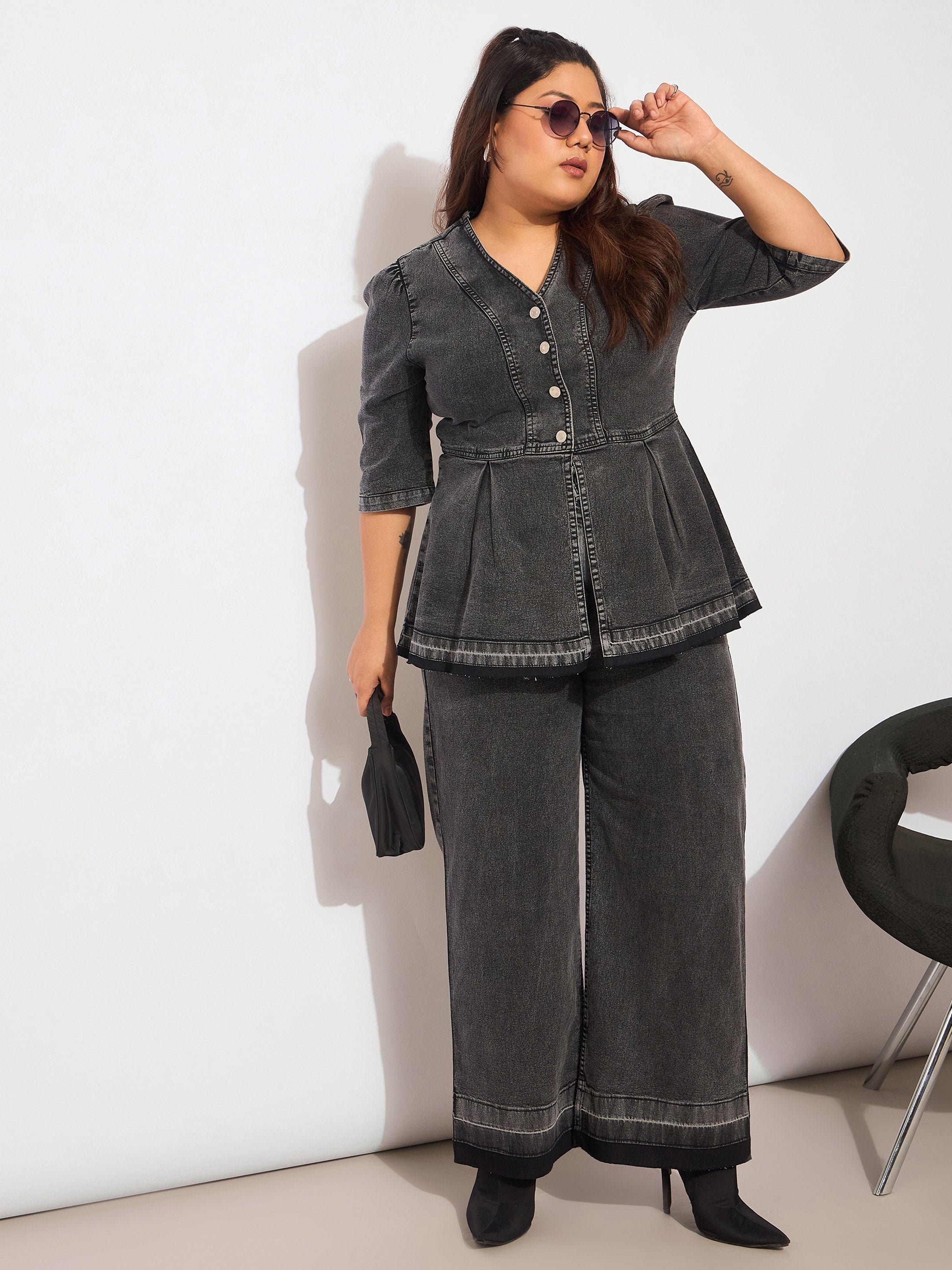 Women's Black Denim Metal Button Peplum Top With Jeans-SASSAFRAS