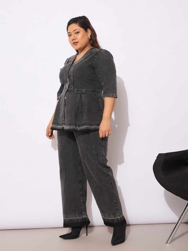Women's Black Denim Metal Button Peplum Top With Jea